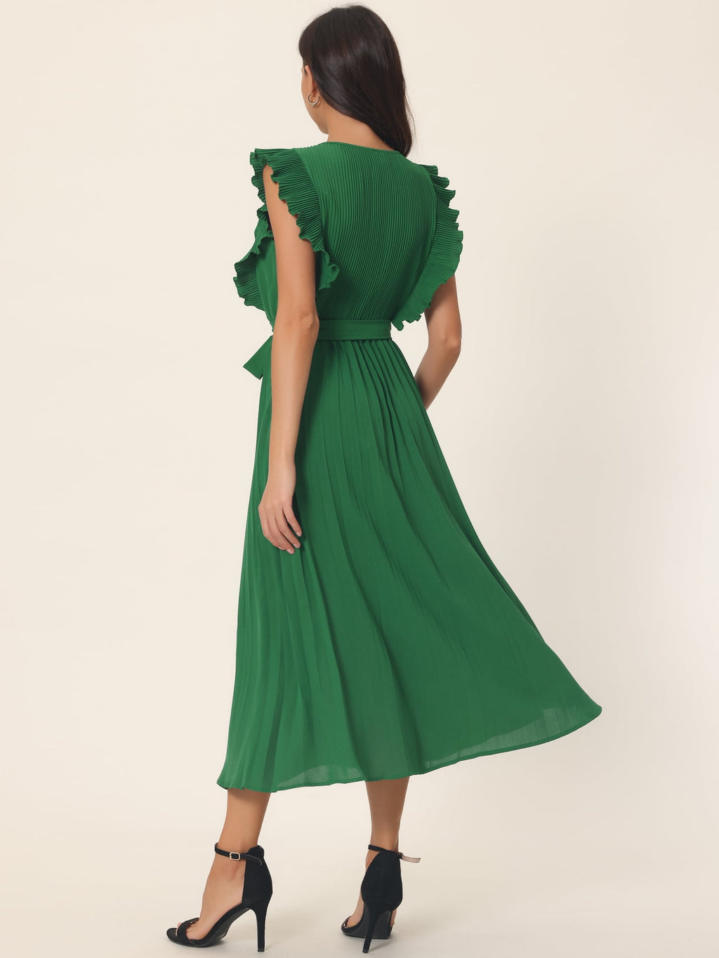 Unique Bargains Women's Ruffle Sleeveless Midi Dress with Tie Waist Belt XL Green