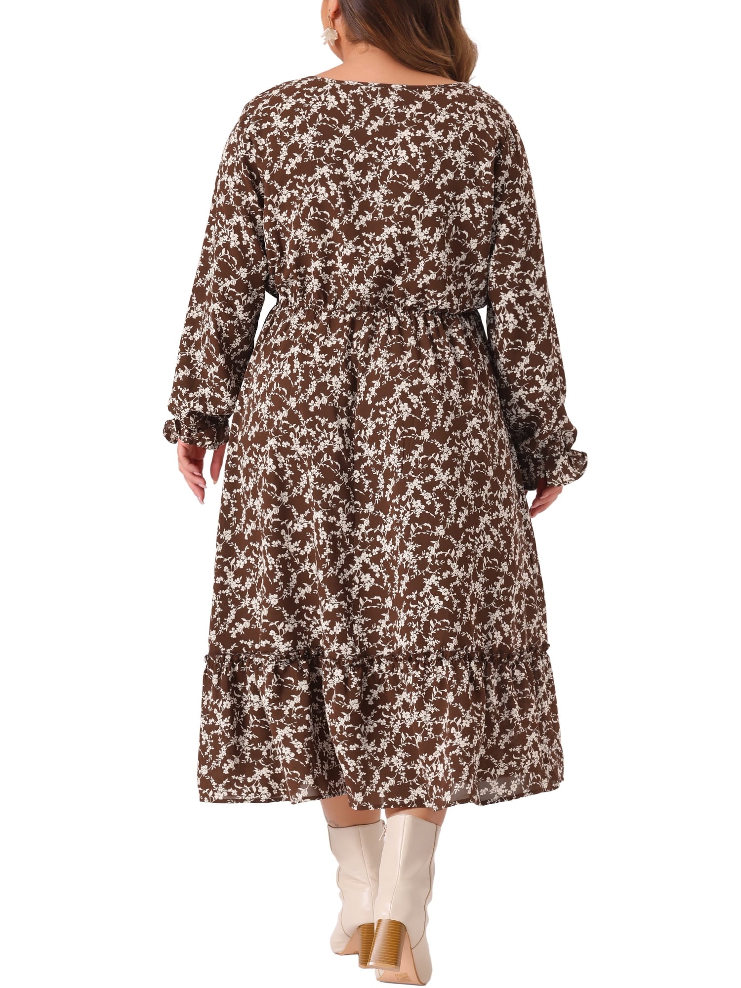 DARING DIVA Plus Size Floral Print V Neck Long Sleeve Maxi Dress 1X Brown