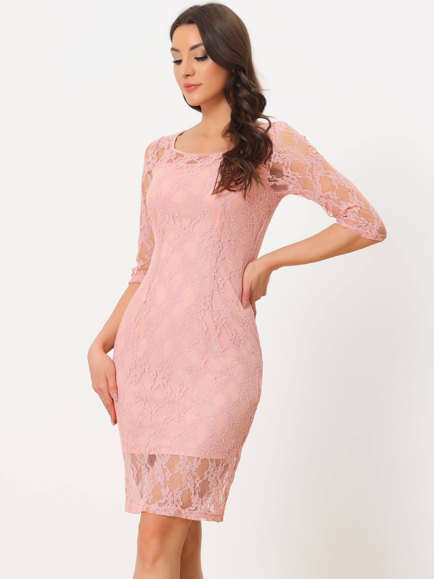 DARING DIVA Lace 3/4 Sleeve Dress Square Neck Midi Straight Tired XS Pink
