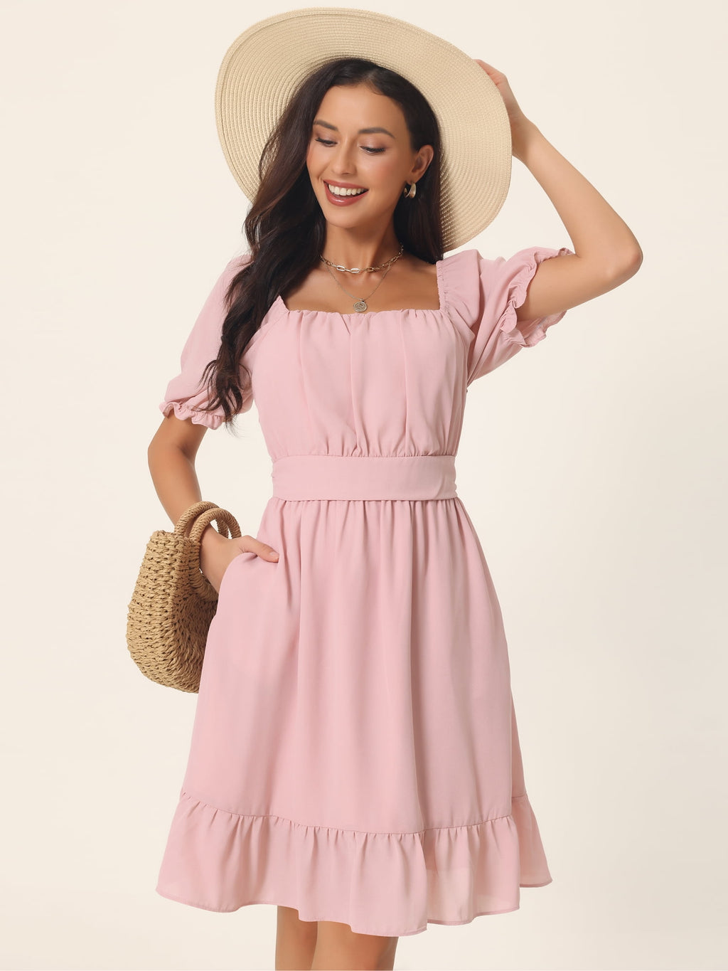 Unique Bargains Women's Square Neck Smocked Back Ruffle A-Line Dress XL Pink