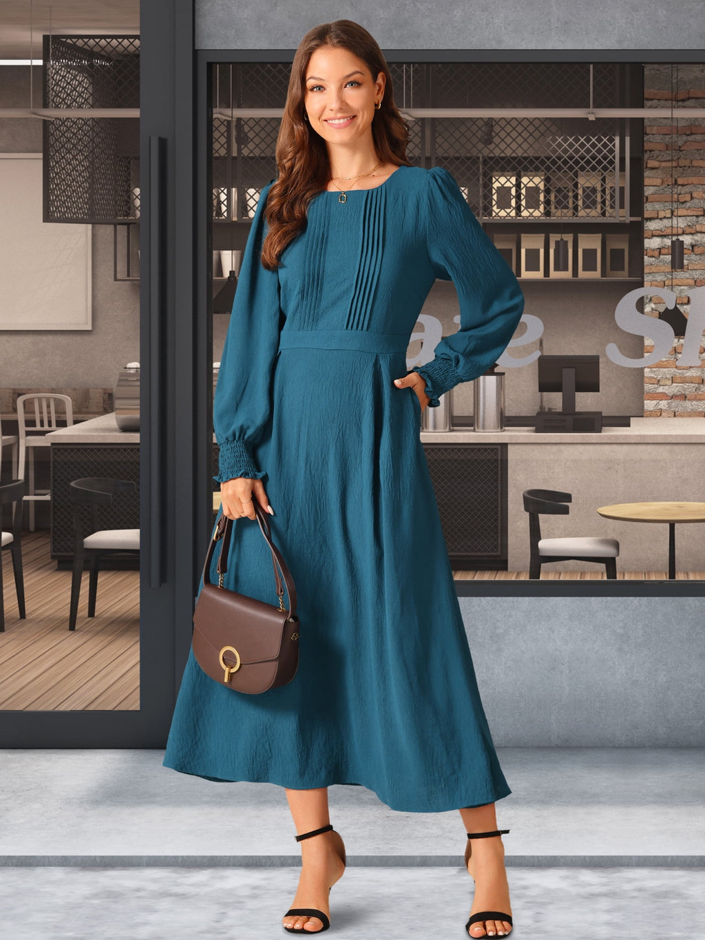 DARING DIVA Frilled Crewneck Long Sleeve Midi Fall Dress L Peacock Blue