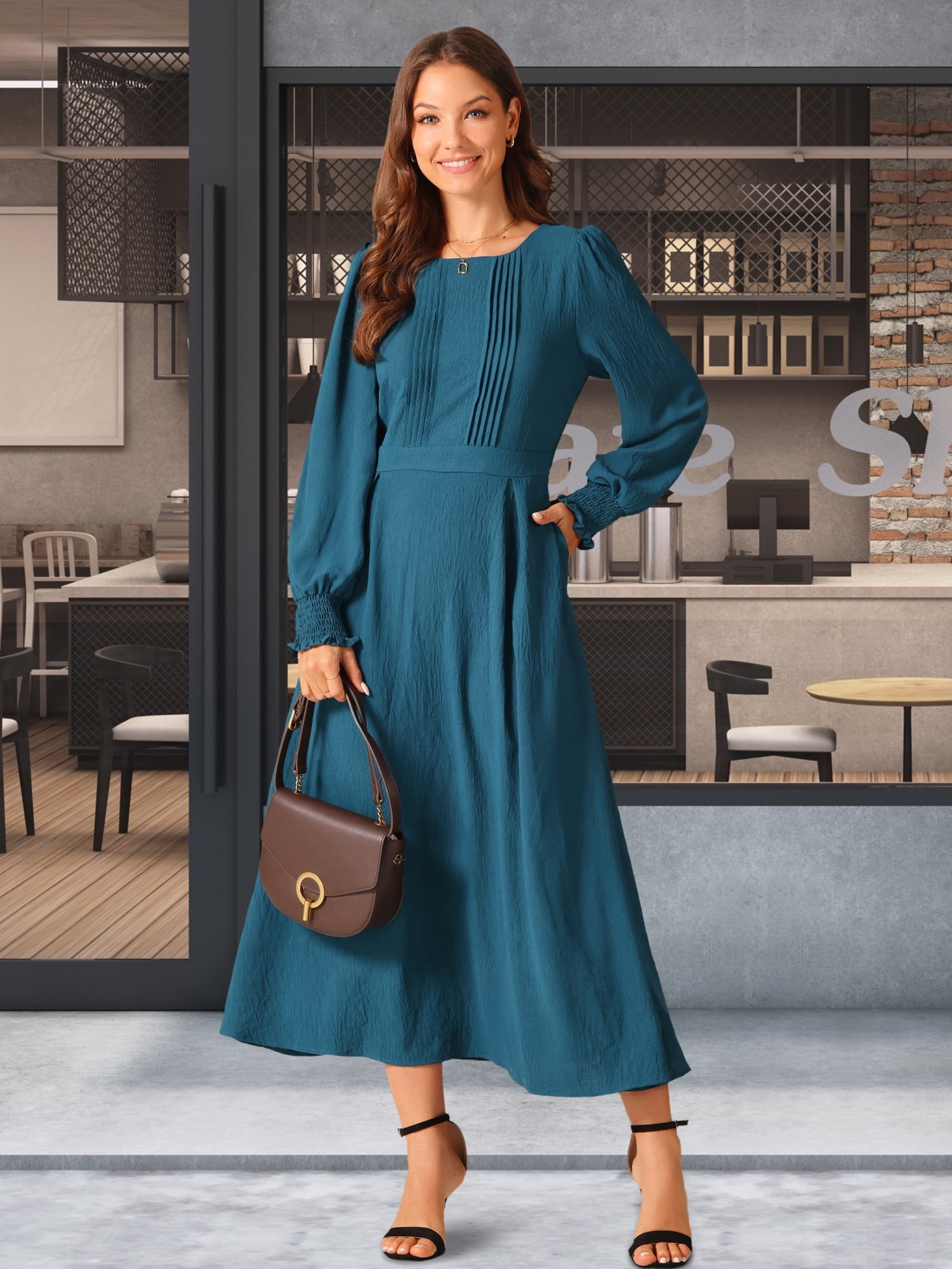 DARING DIVA Frilled Crewneck Long Sleeve Midi Fall Dress L Peacock Blue