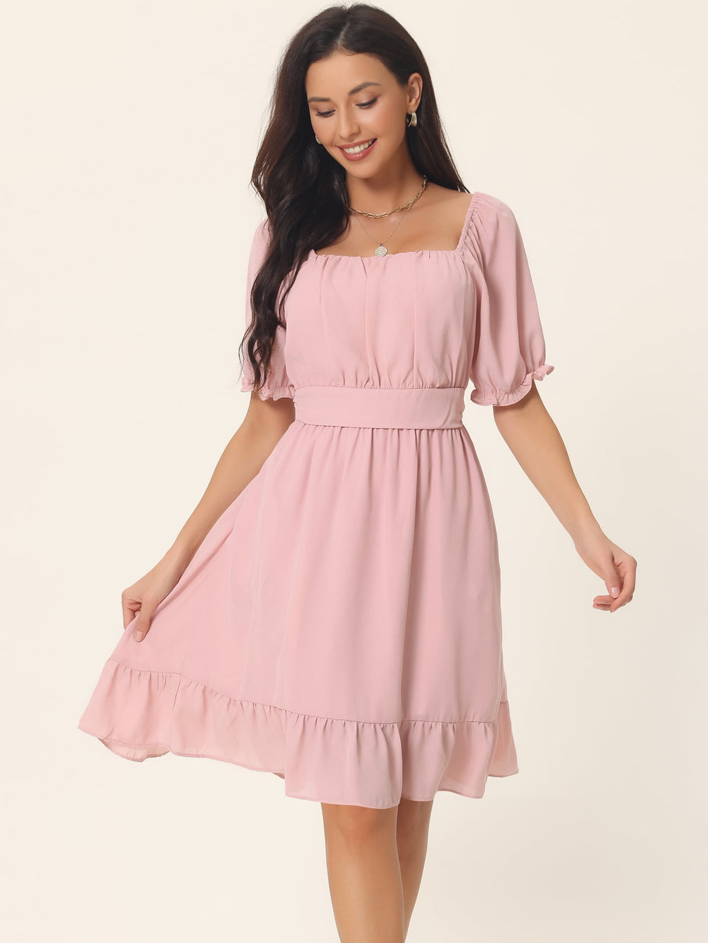 Unique Bargains Women's Square Neck Smocked Back Ruffle A-Line Dress XL Pink