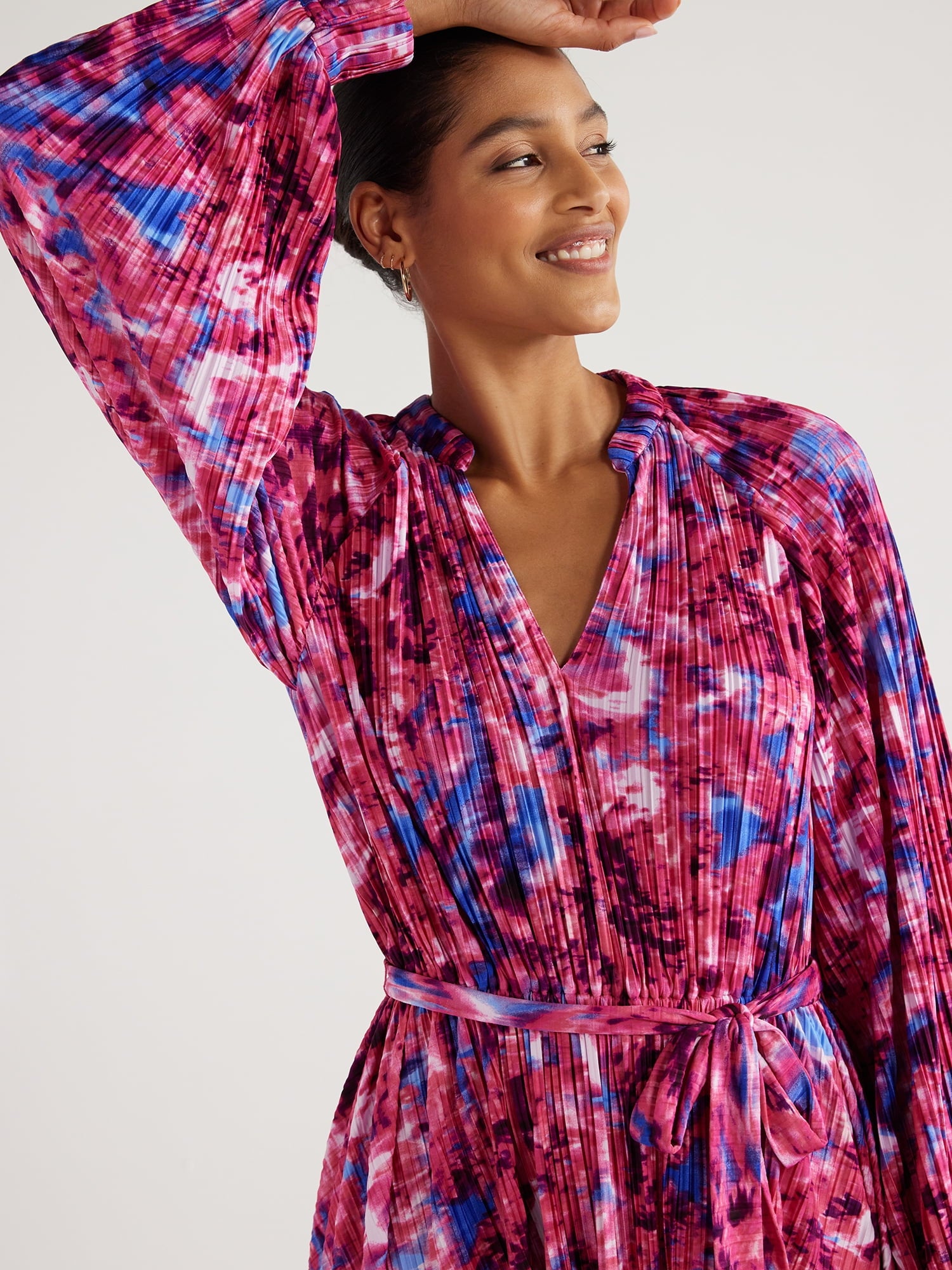 Scoop Women’s Pleated Handkerchief Hem Dress with Long Sleeves, Sizes XS-XXL