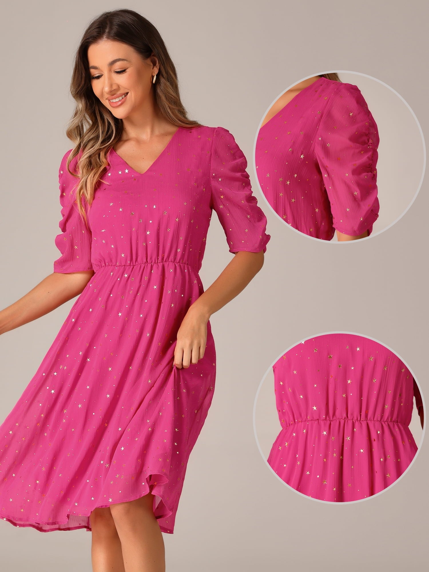 DARING DIVA Metallic Stars A-line Chiffon Dress L Hot Pink