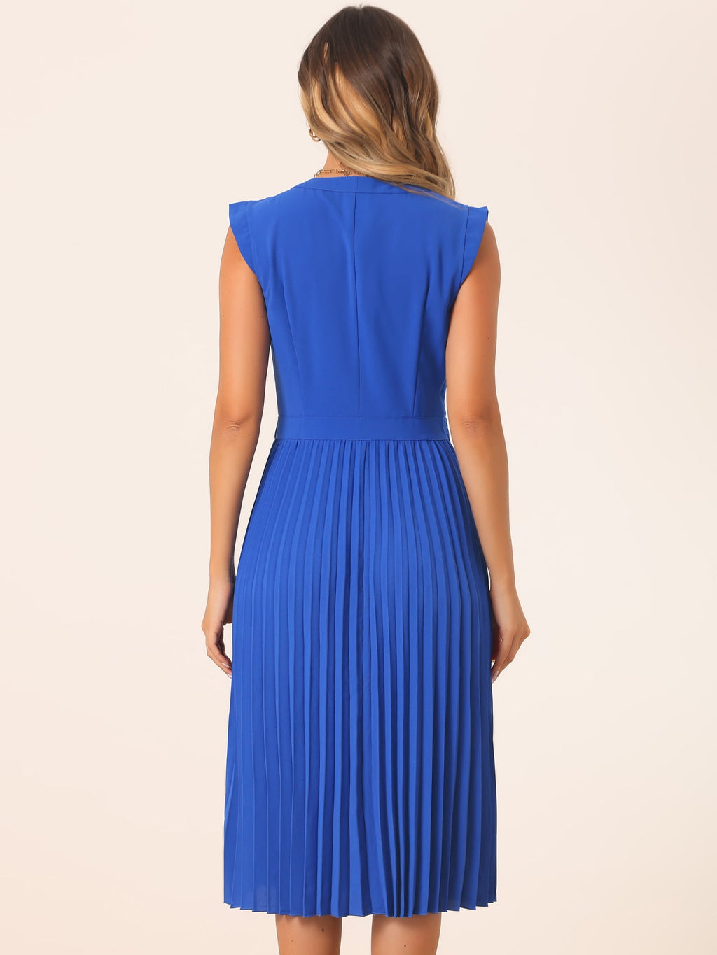 DARING DIVA Women's V Neck Sleeveless Button Pleated Midi Dresses S Royal Blue