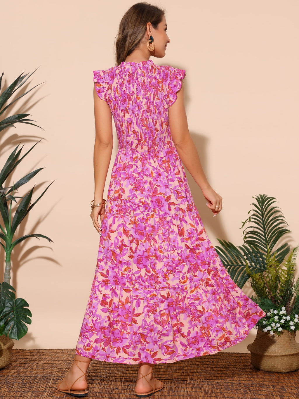 DARING DIVA V Neck Smocked Ruffle Tiered Maxi Dress S Hot Pink