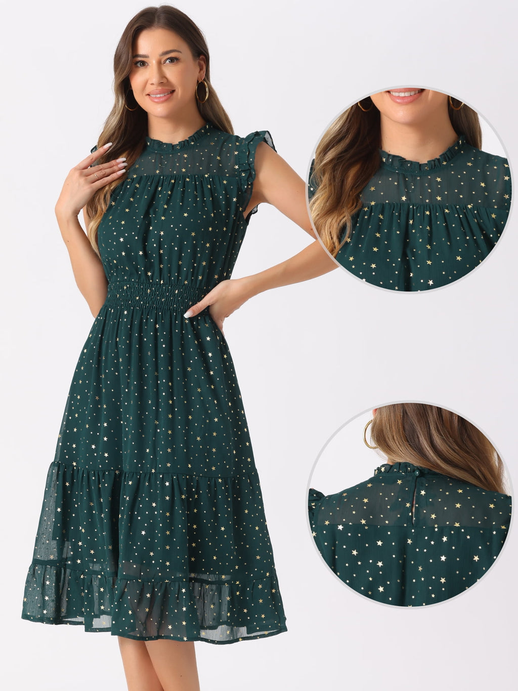 DARING DIVA Women's Gilding Metallic Stars Chiffon Dresses XL Dark Green