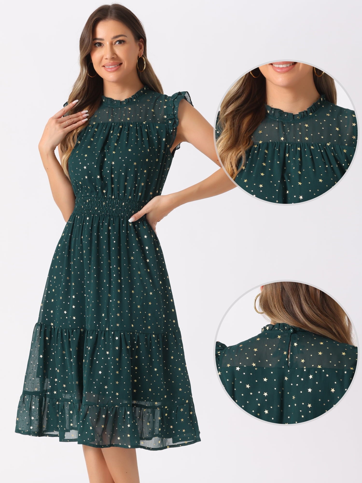 DARING DIVA Women's Gilding Metallic Stars Chiffon Dresses XL Dark Green