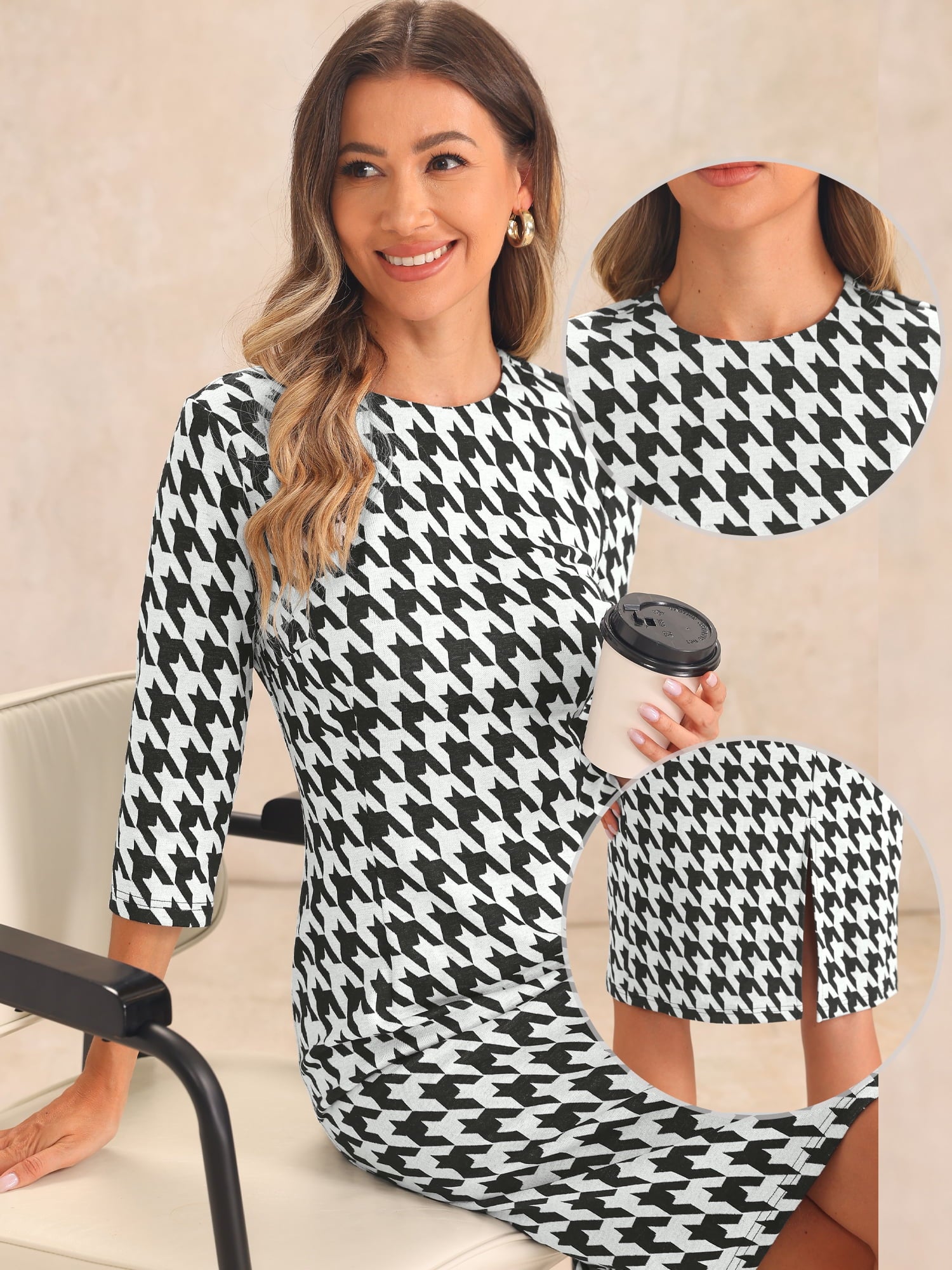 DARING DIVA Vintage Houndstooth 3/4 Sleeve Bodycon Dress S Black