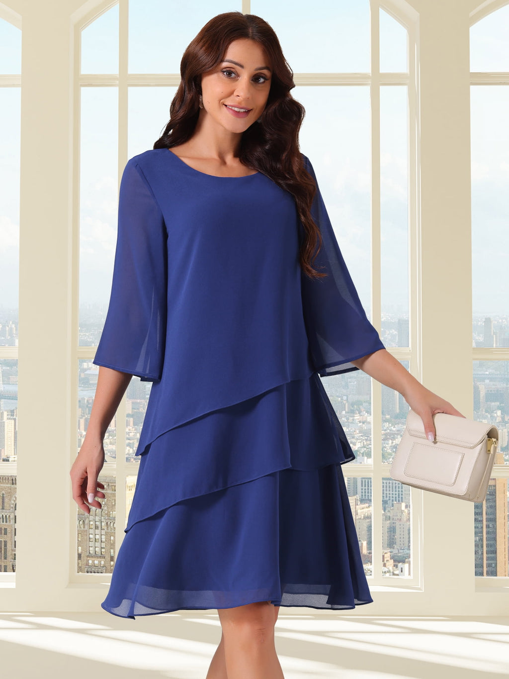 DARING DIVA Chiffon 3/4 Sleeve Tiered Layered Flowy Dress S Dark Blue