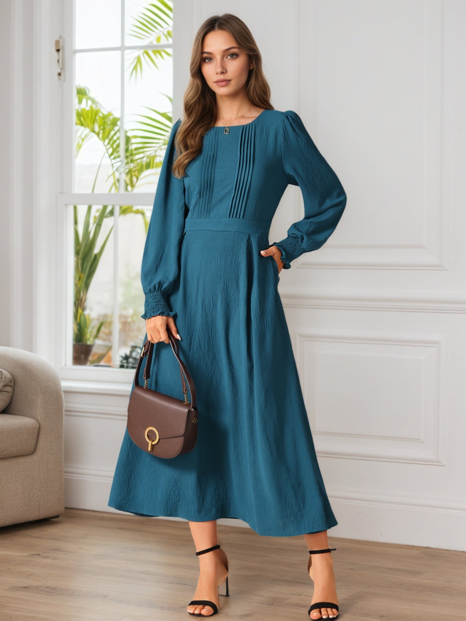 DARING DIVA Frilled Crewneck Long Sleeve Midi Fall Dress L Peacock Blue