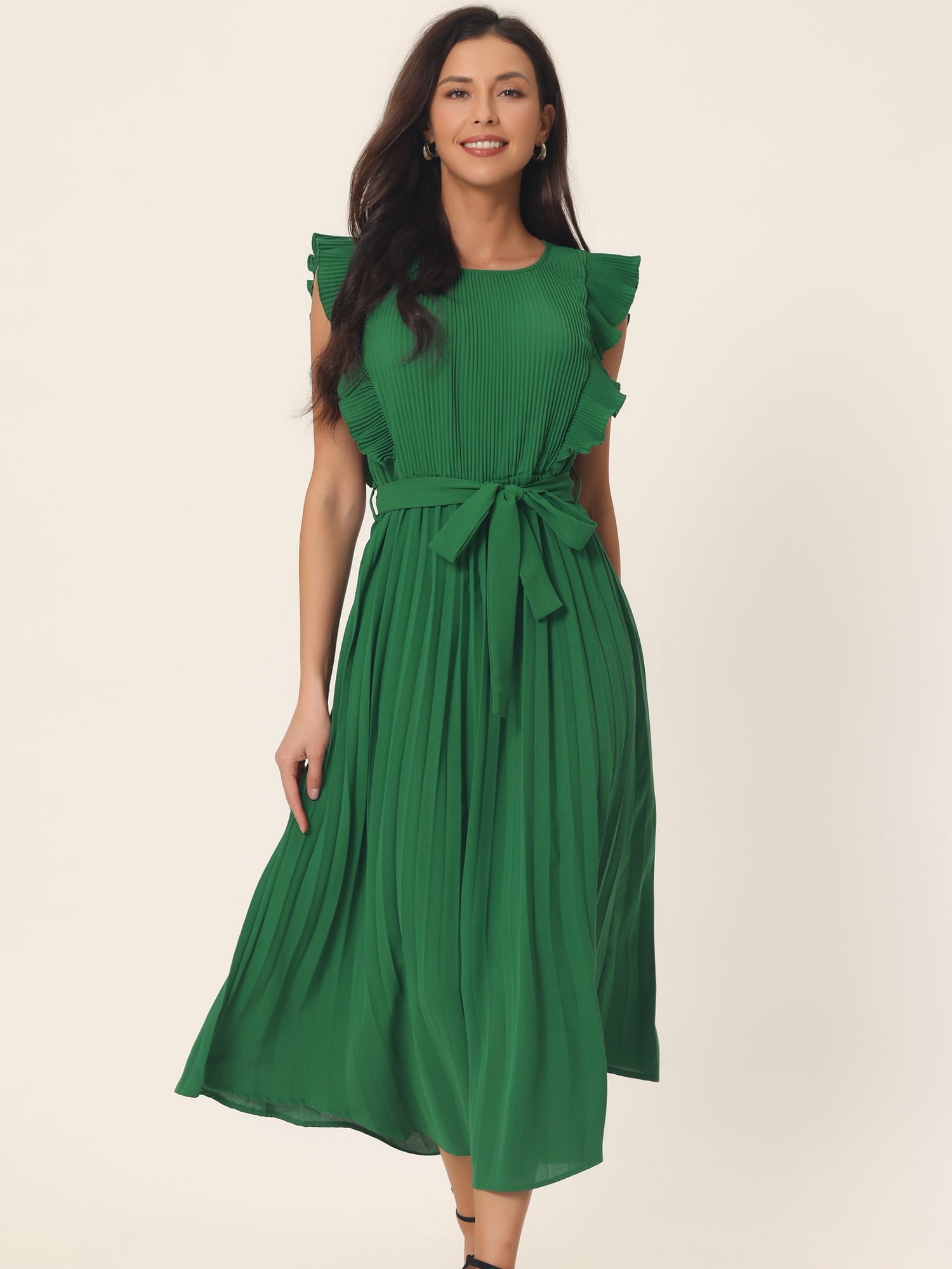 Unique Bargains Women's Ruffle Sleeveless Midi Dress with Tie Waist Belt XL Green