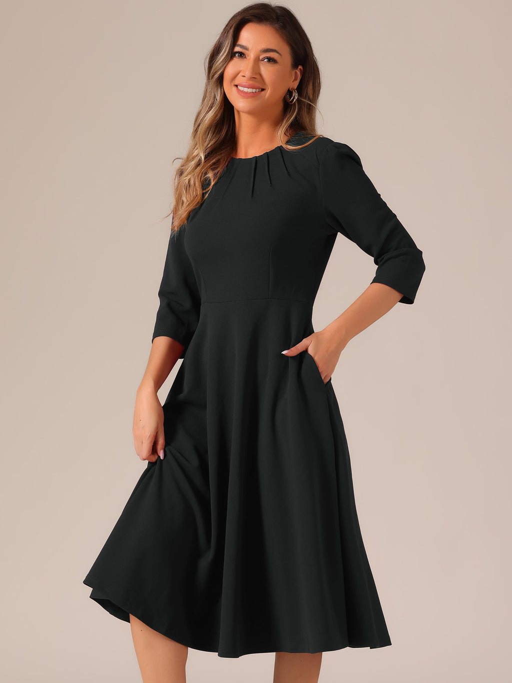 DARING DIVA 3/4 Sleeve A-Line Midi Work Dress S Black