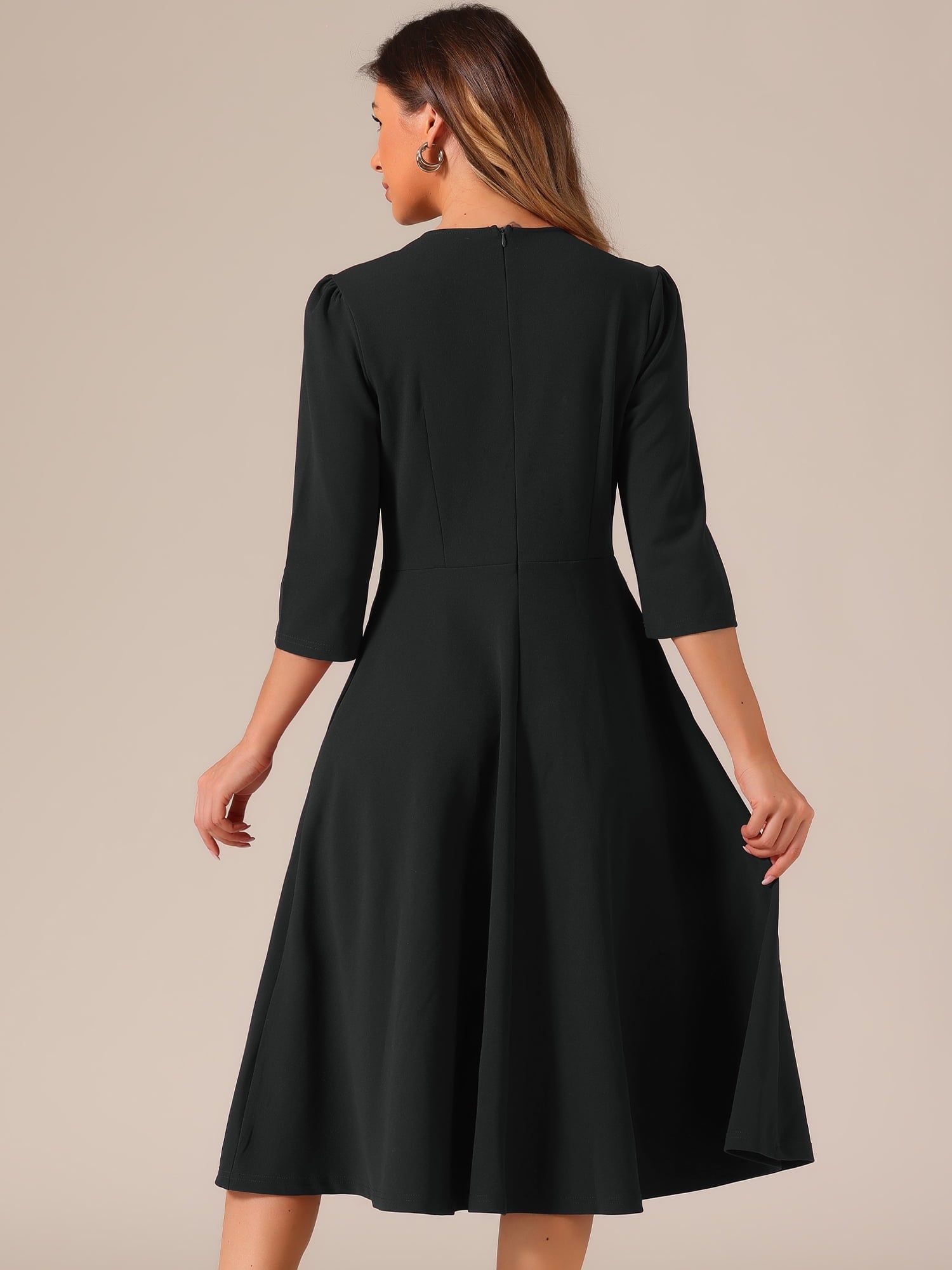 DARING DIVA 3/4 Sleeve A-Line Midi Work Dress S Black