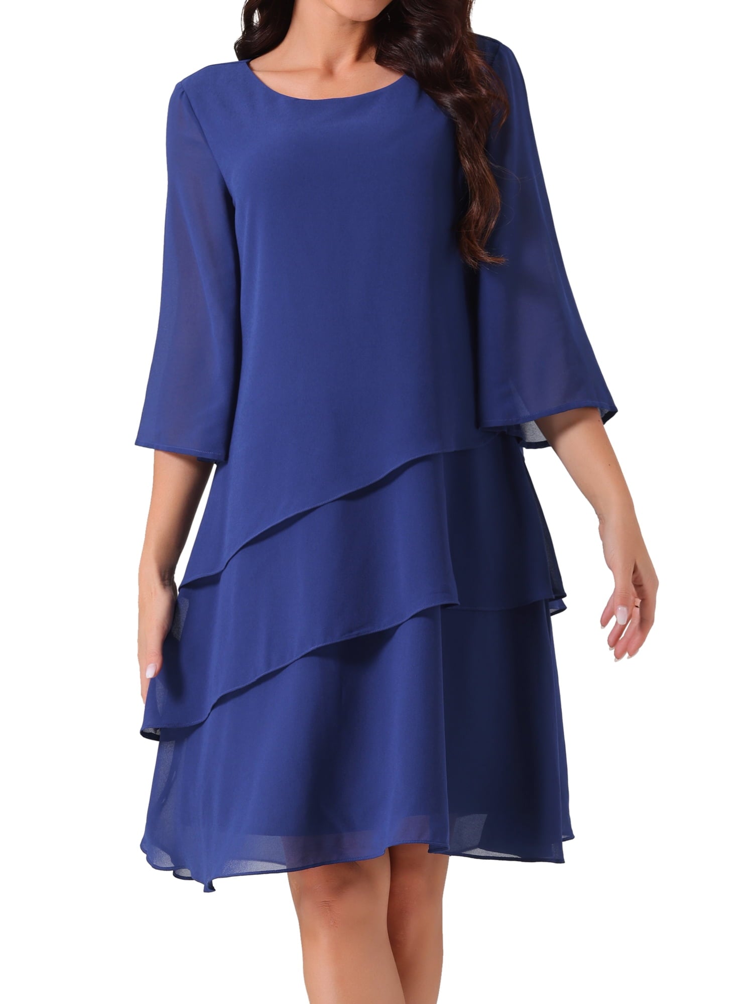 DARING DIVA Chiffon 3/4 Sleeve Tiered Layered Flowy Dress S Dark Blue