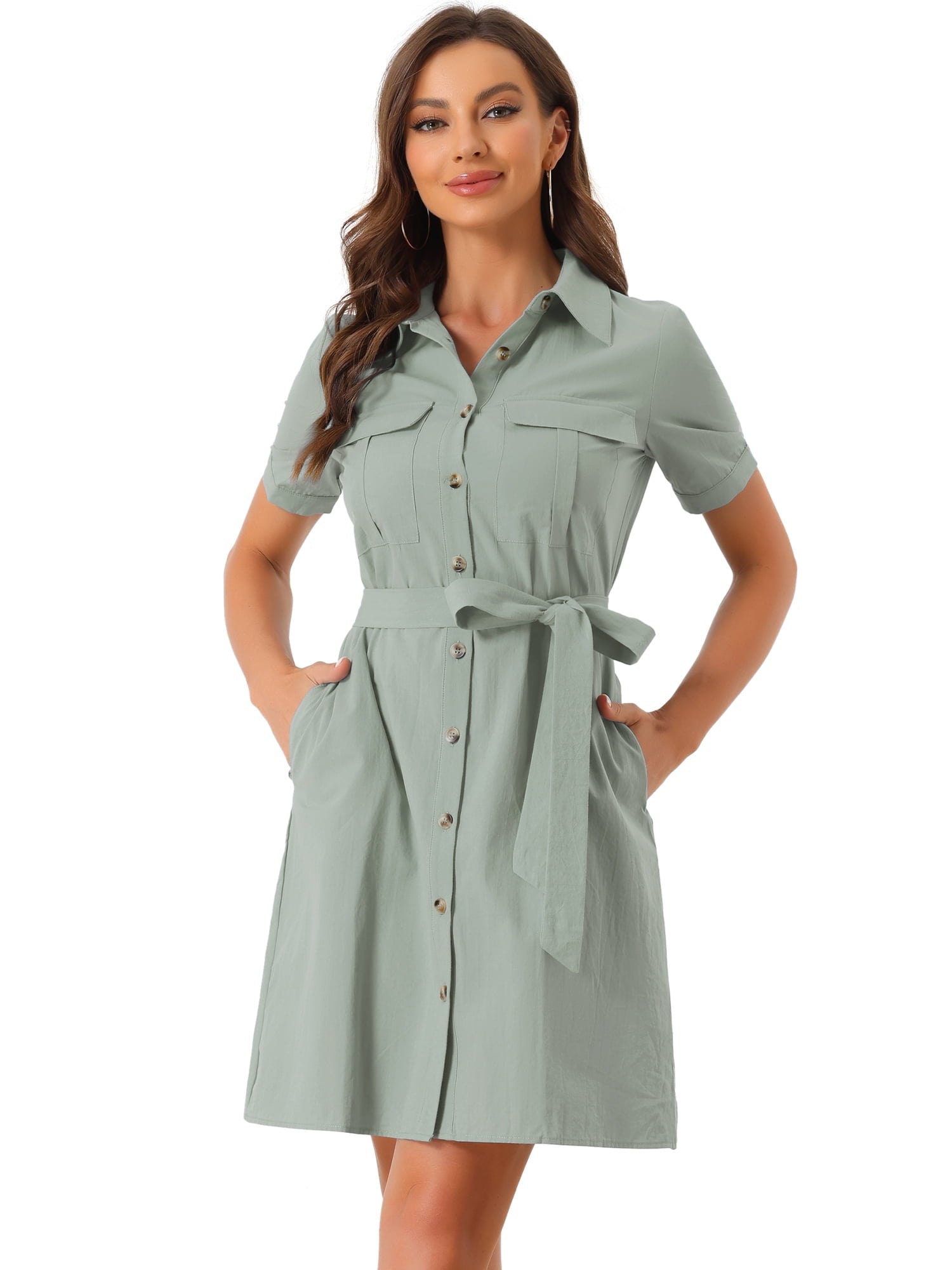 DARING DIVA Collared Short Sleeve Pocket Belt Button up Shirt Dress L Army Green