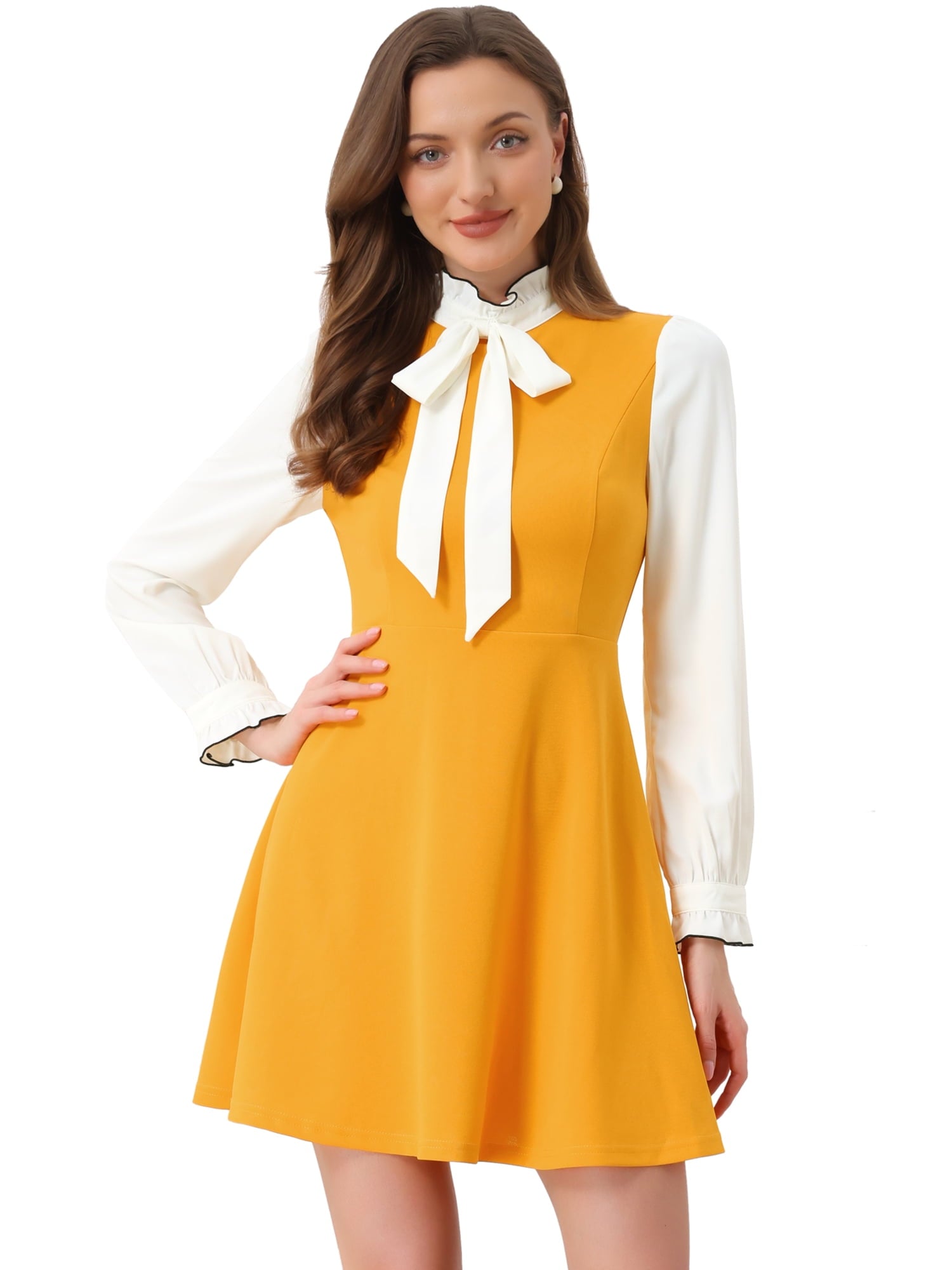 DARING DIVA Contrast Tie Neck Long Sleeve Elegant A-Line Dress XL Black