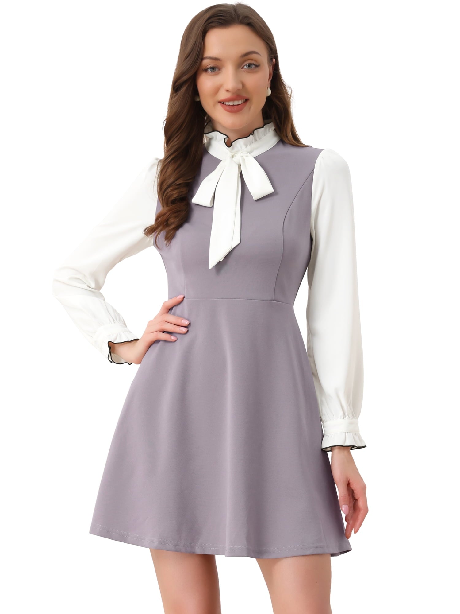 DARING DIVA Contrast Tie Neck Long Sleeve Elegant A-Line Dress XL Black