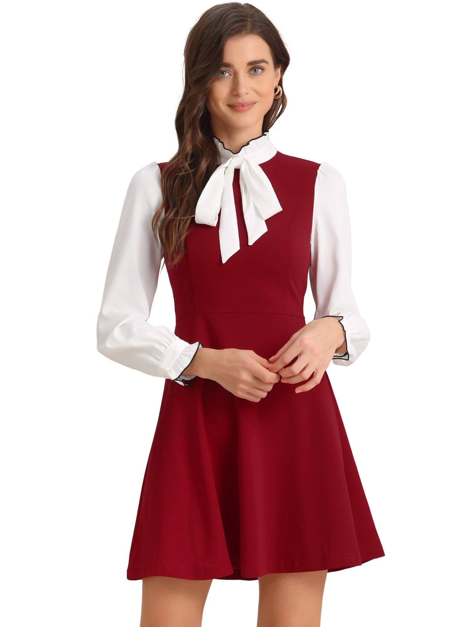 DARING DIVA Contrast Tie Neck Long Sleeve Elegant A-Line Dress XL Black