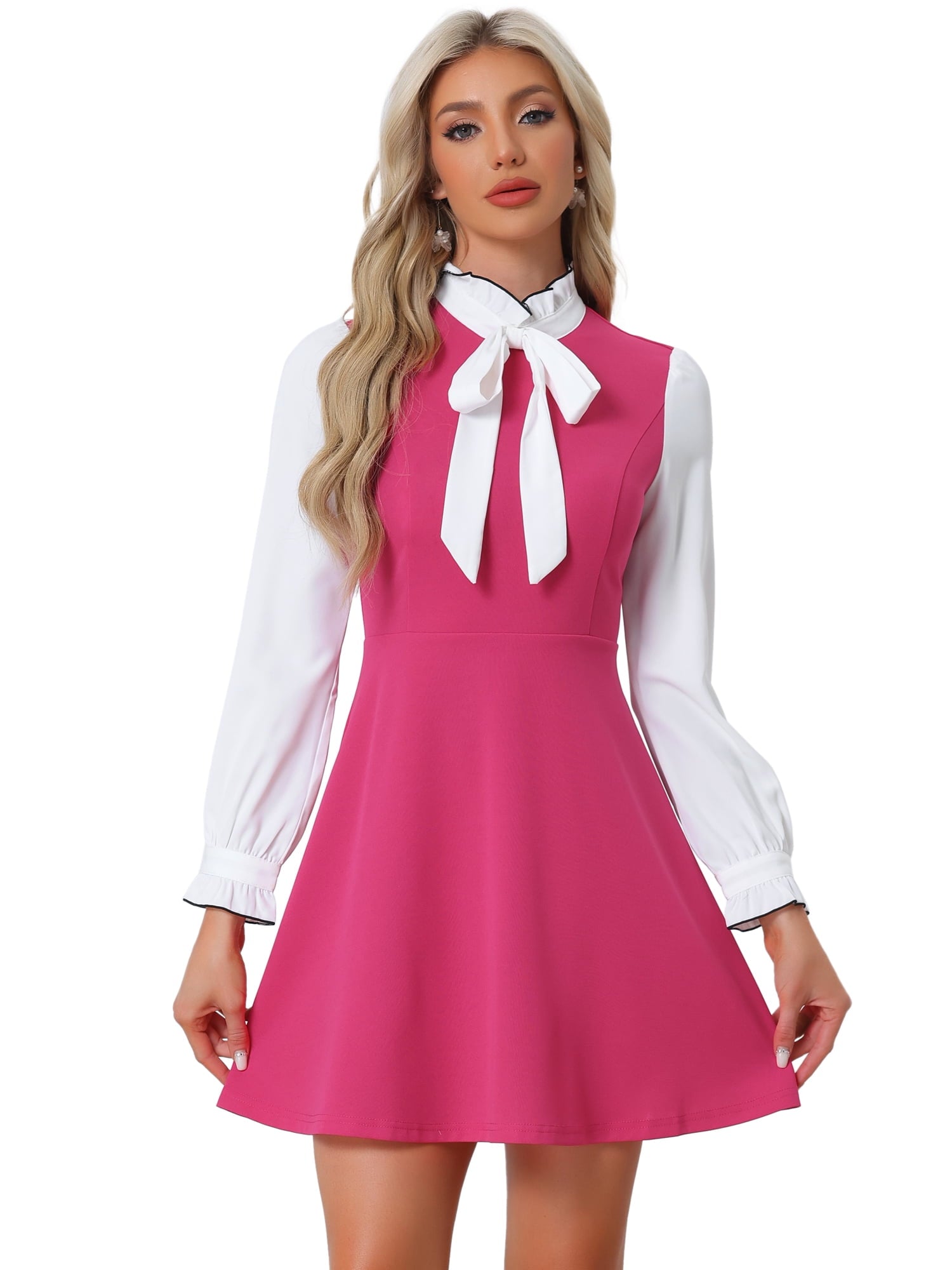 DARING DIVA Contrast Tie Neck Long Sleeve Elegant A-Line Dress XL Black