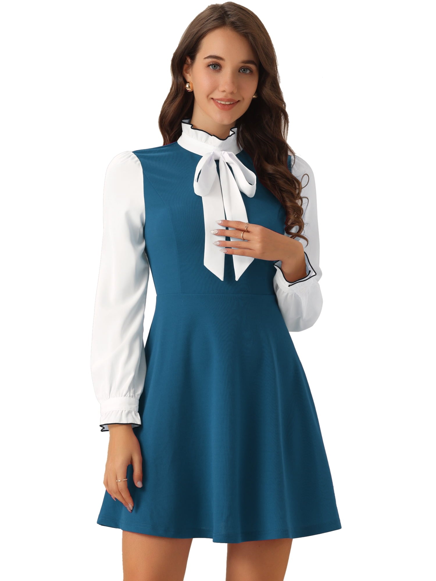 DARING DIVA Contrast Tie Neck Long Sleeve Elegant A-Line Dress XL Black