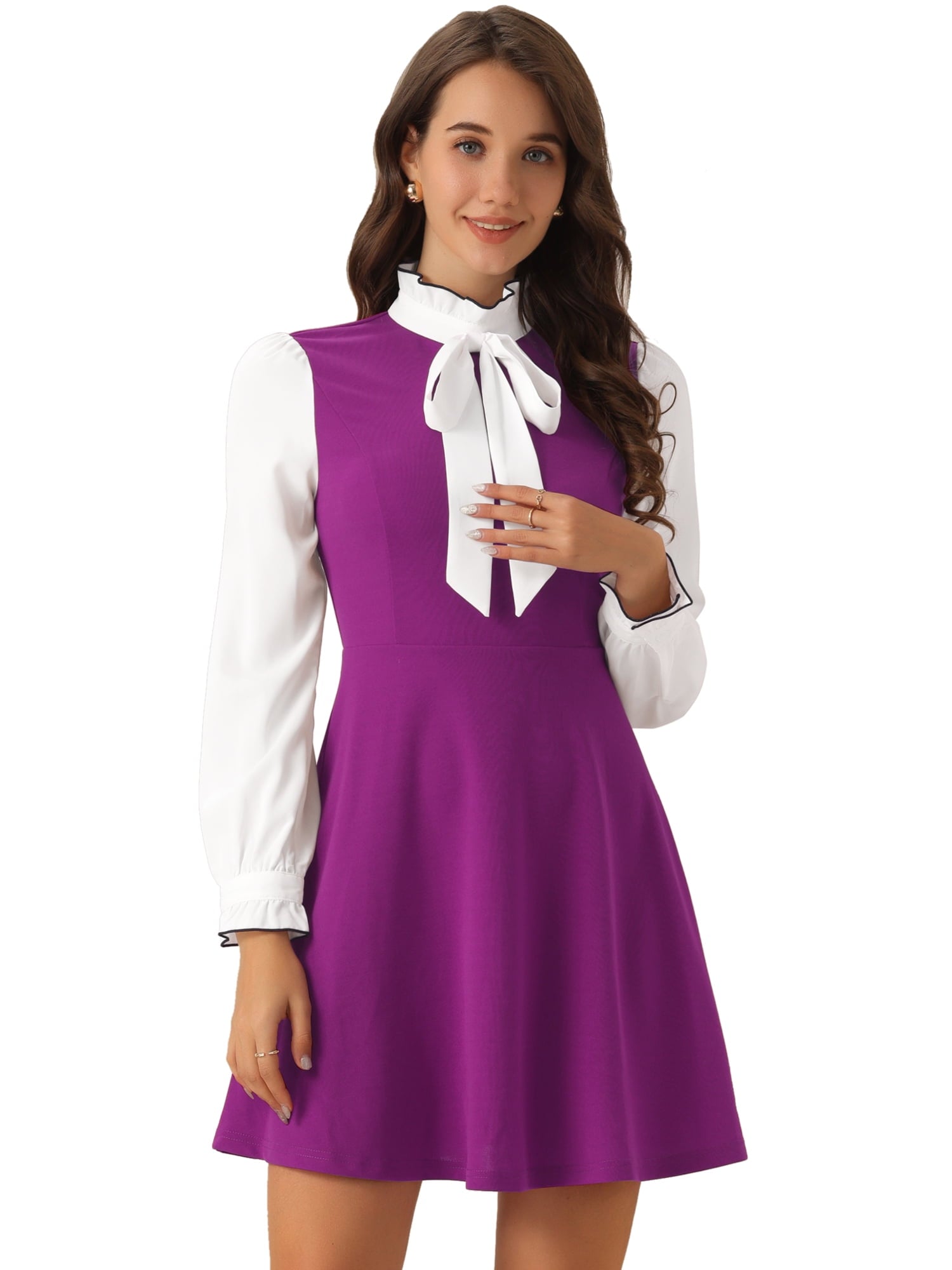 DARING DIVA Contrast Tie Neck Long Sleeve Elegant A-Line Dress XL Black