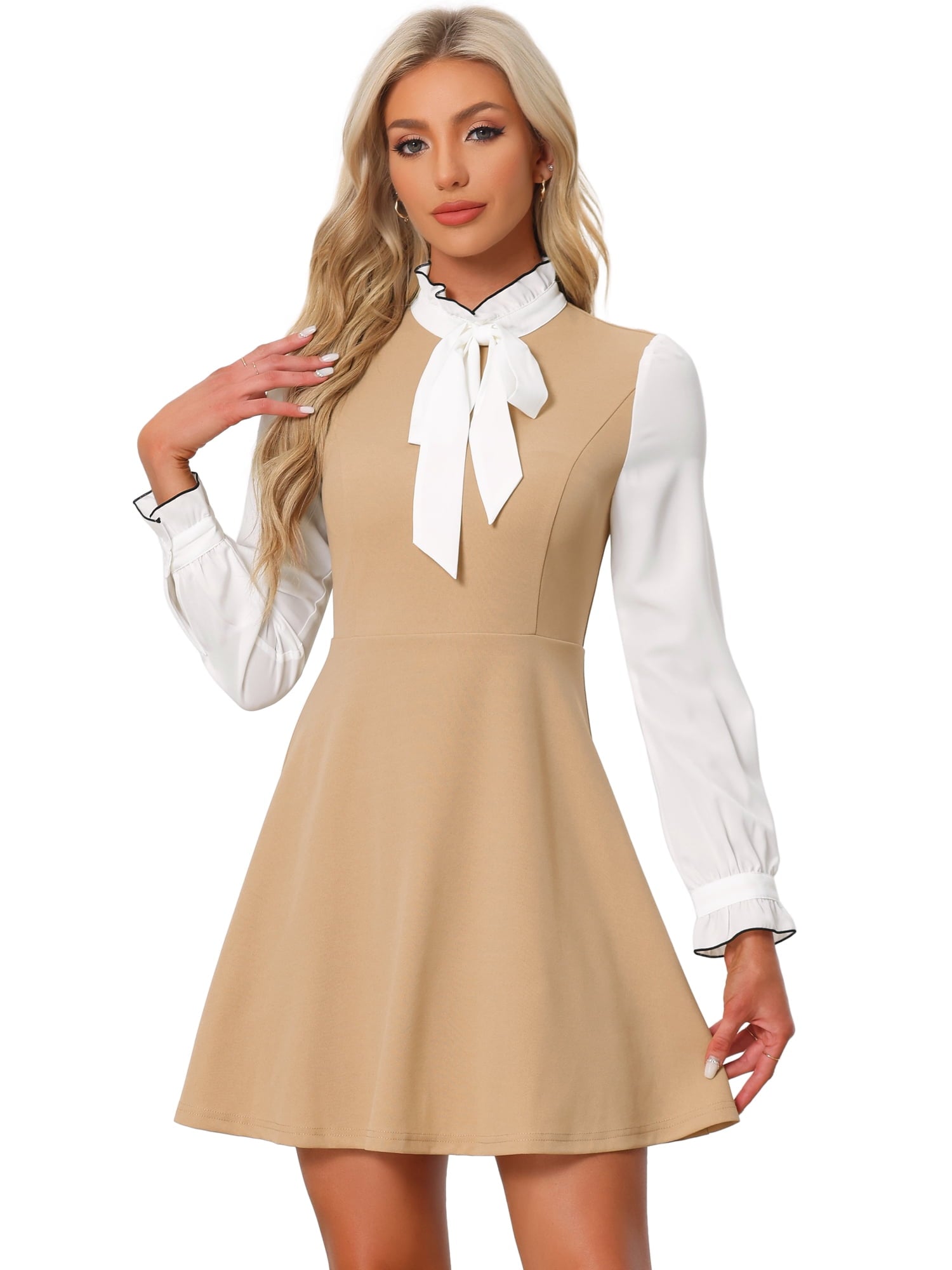 DARING DIVA Contrast Tie Neck Long Sleeve Elegant A-Line Dress XL Black