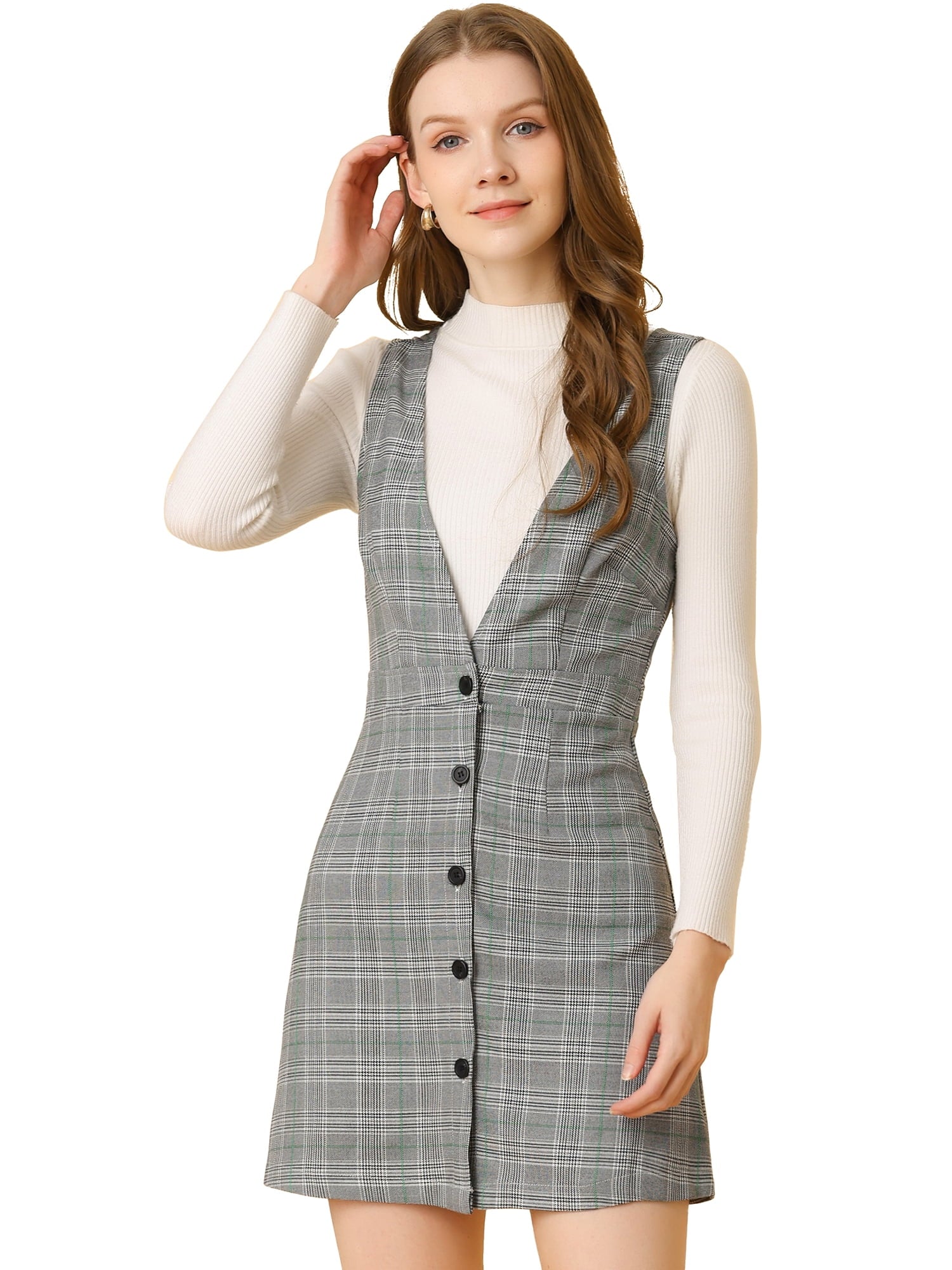 DARING DIVA Houndstooth Plaid Suspenders Pinafore Overall Dress M Red Black