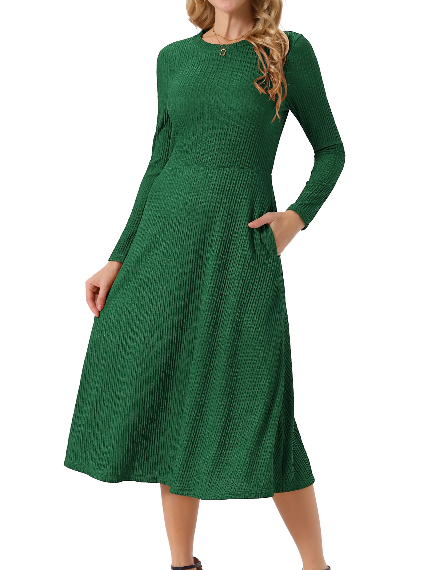 DARING DIVA Long Sleeve Crew Neck Knit A-Line Midi Dress XL Dark Green