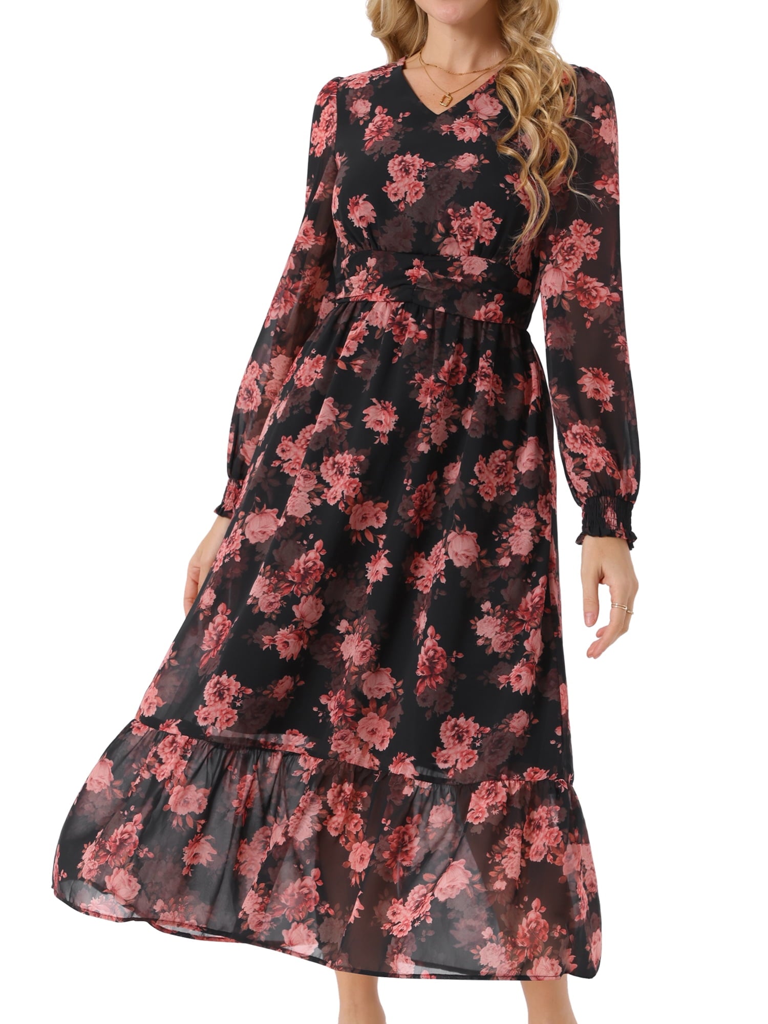 DARING DIVA Long Sleeve Floral V Neck Boho Chiffon Midi Dress S Black