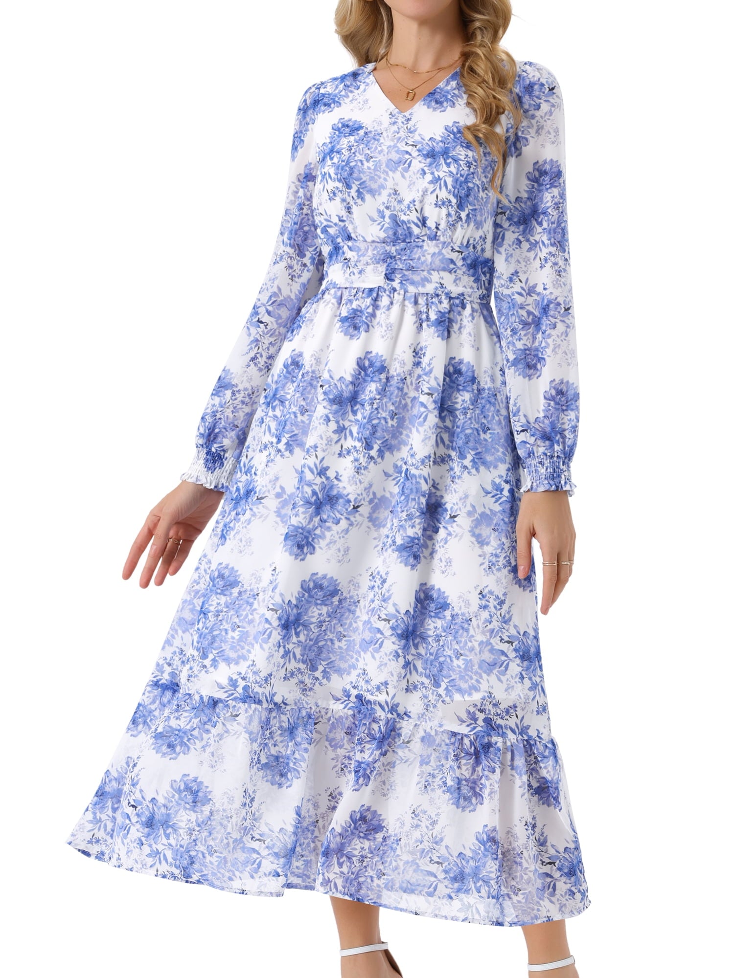 DARING DIVA Long Sleeve Floral V Neck Boho Chiffon Midi Dress S Black