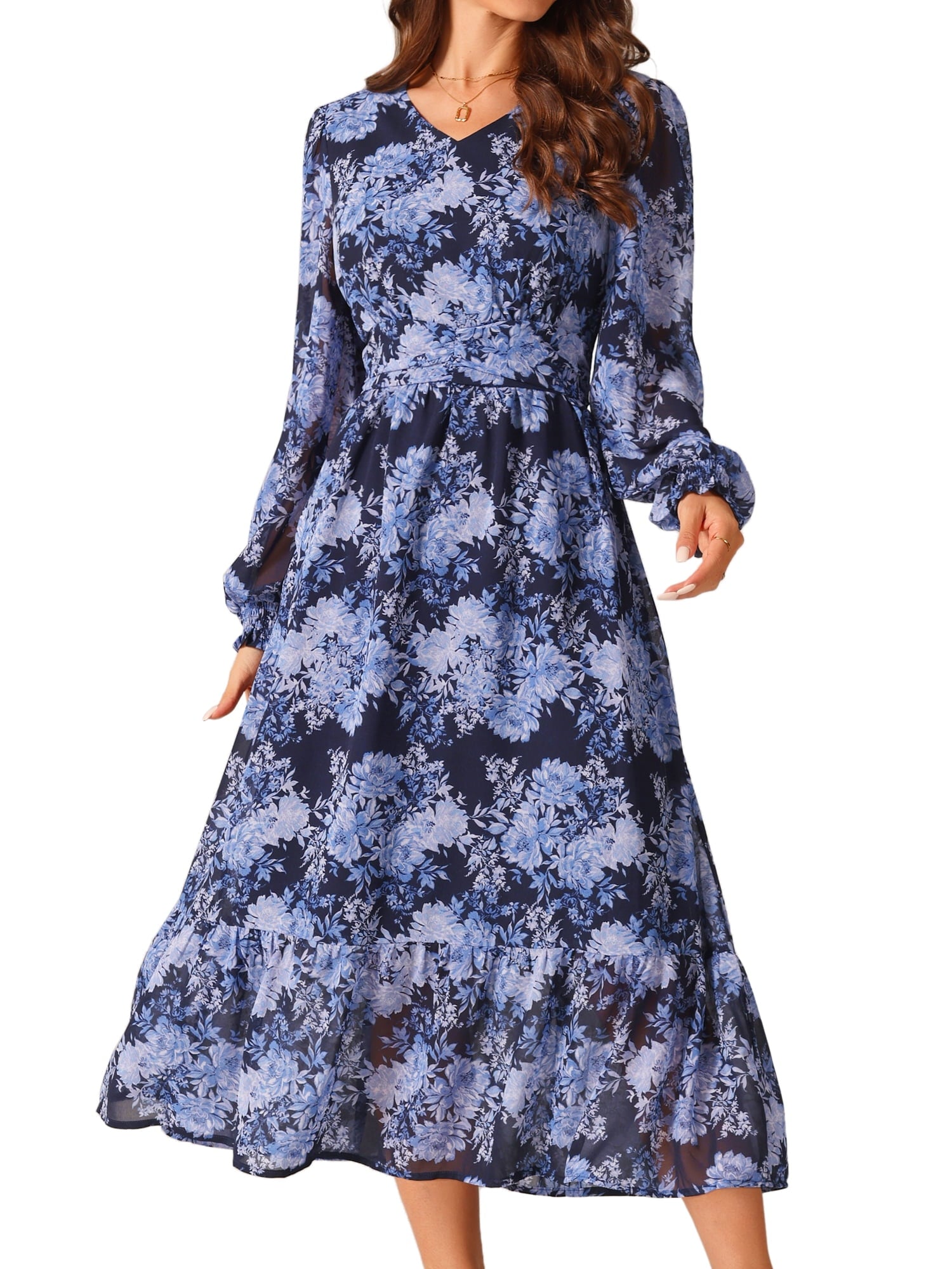 DARING DIVA Long Sleeve Floral V Neck Boho Chiffon Midi Dress S Black