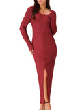 DARING DIVA Long Sleeve V Neck Slit Hem Maxi Cocktail Dress S Wine Red