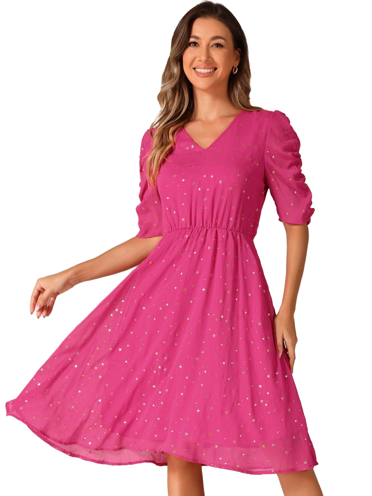 DARING DIVA Metallic Stars A-line Chiffon Dress L Hot Pink