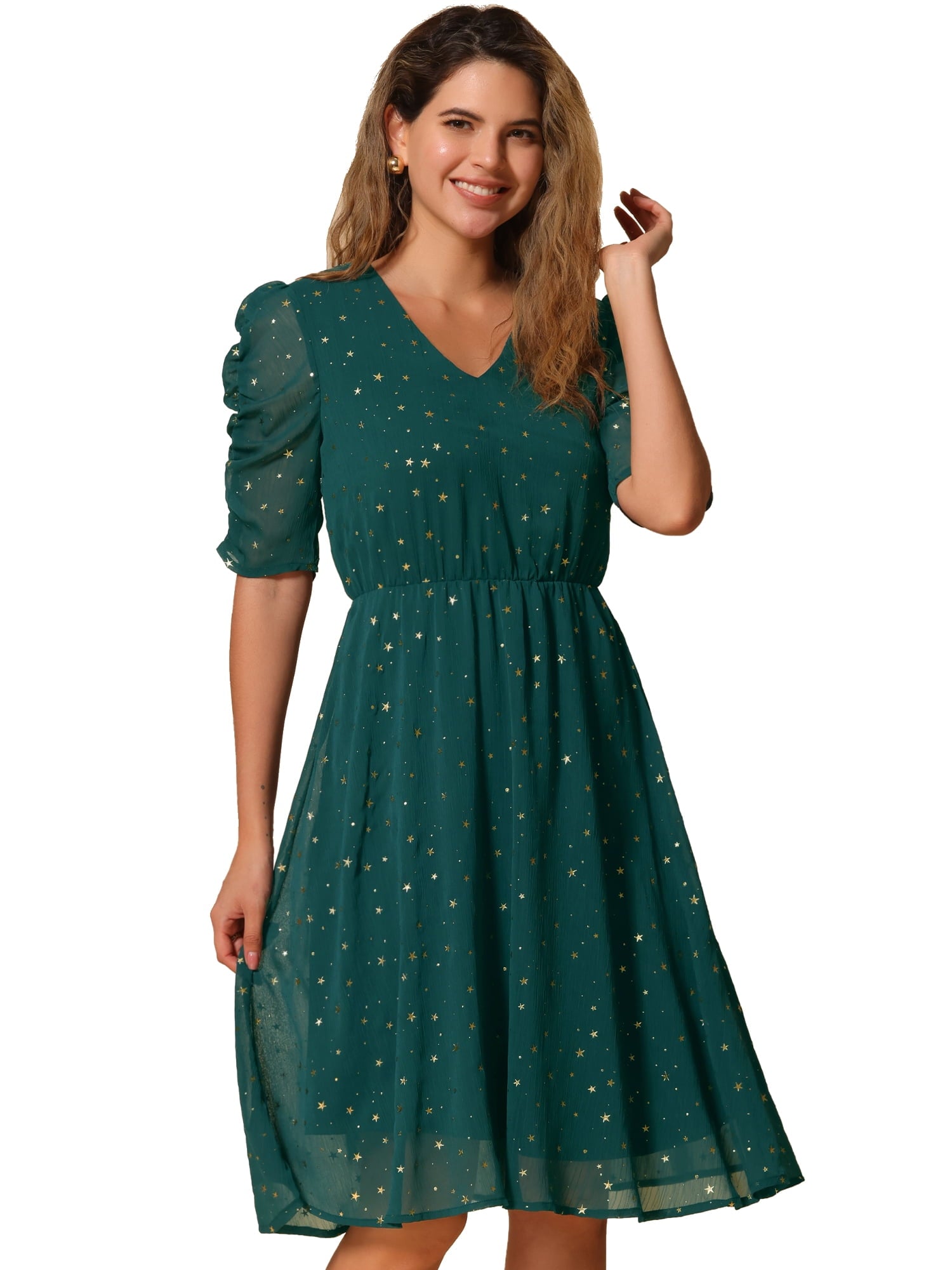 DARING DIVA Metallic Stars A-line Chiffon Dress L Hot Pink