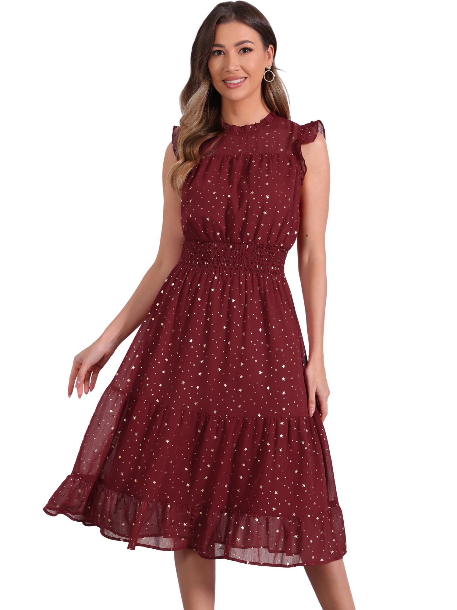 DARING DIVA Smocked Waist Gilding Metallic Stars Chiffon Dress XL Hot Pink