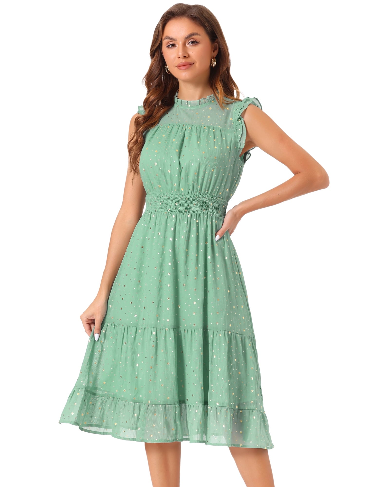 DARING DIVA Smocked Waist Gilding Metallic Stars Chiffon Dress XL Hot Pink