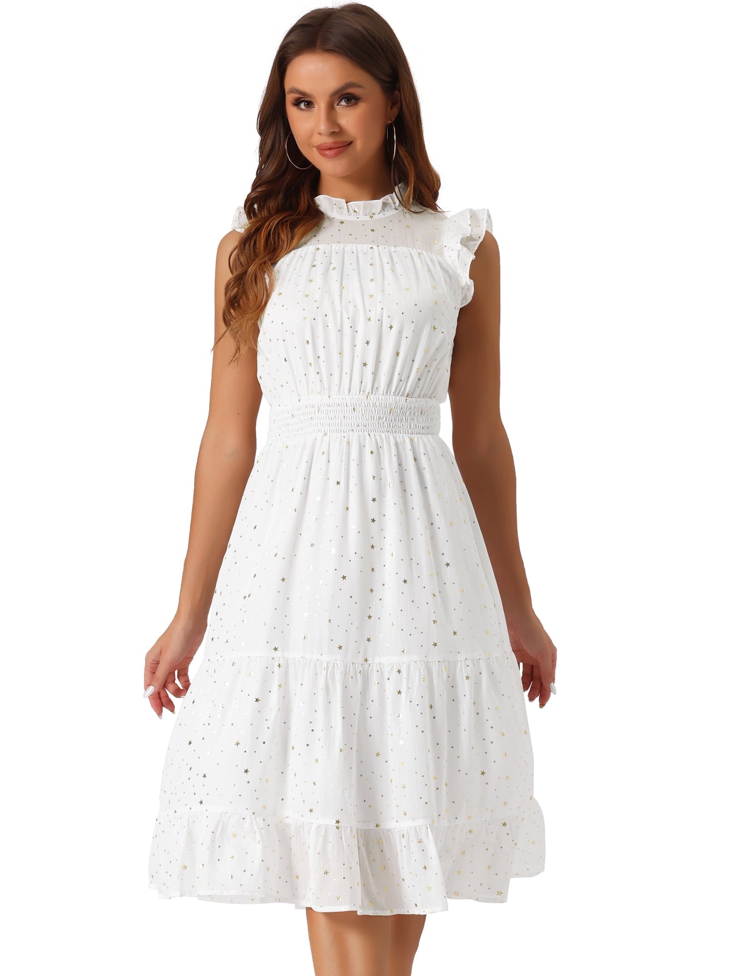 DARING DIVA Smocked Waist Gilding Metallic Stars Chiffon Dress XL Hot Pink