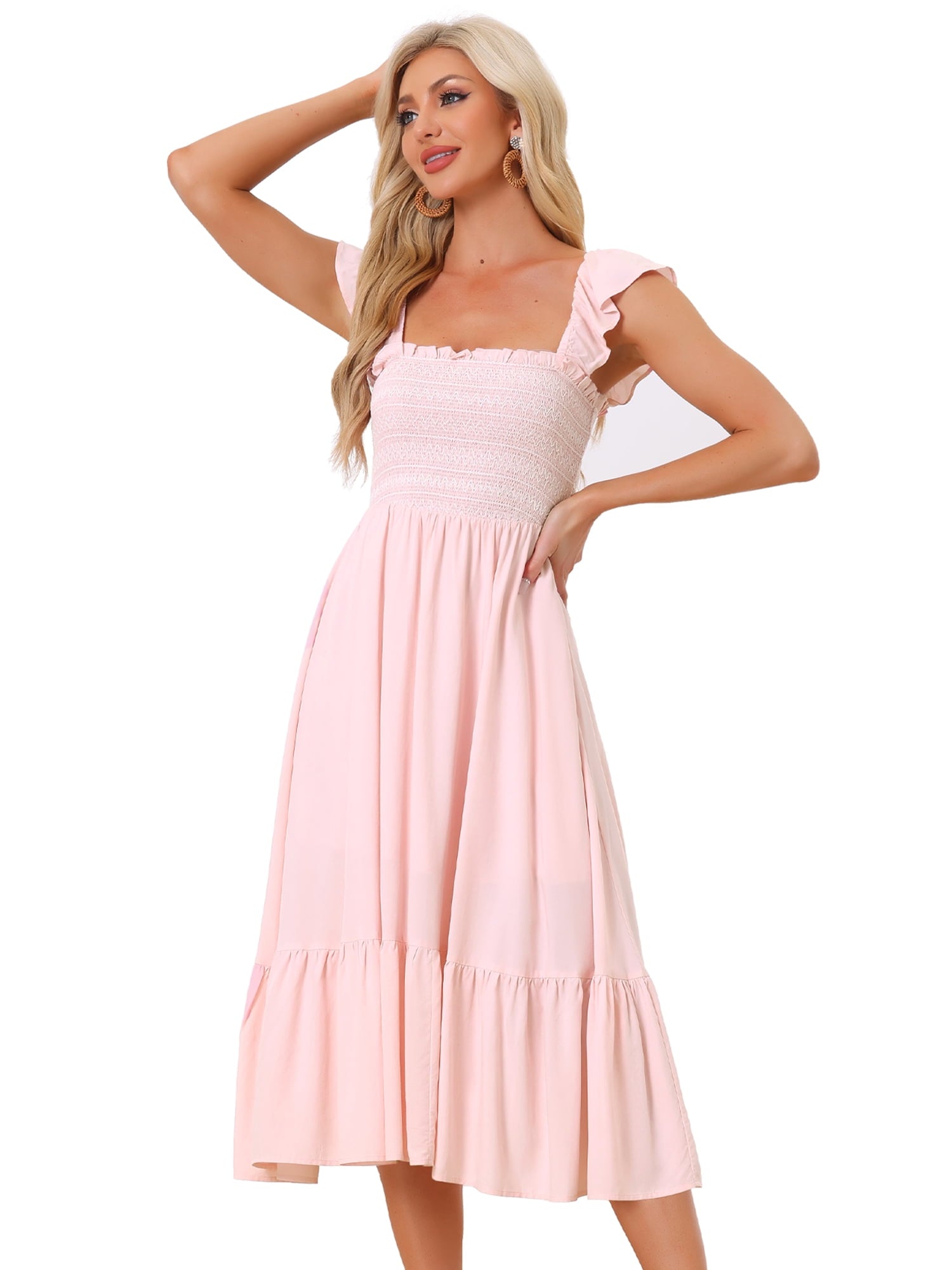 DARING DIVA Square Neck Boho Sleeveless Ruffle Tiered Smocked Sundress M Pink