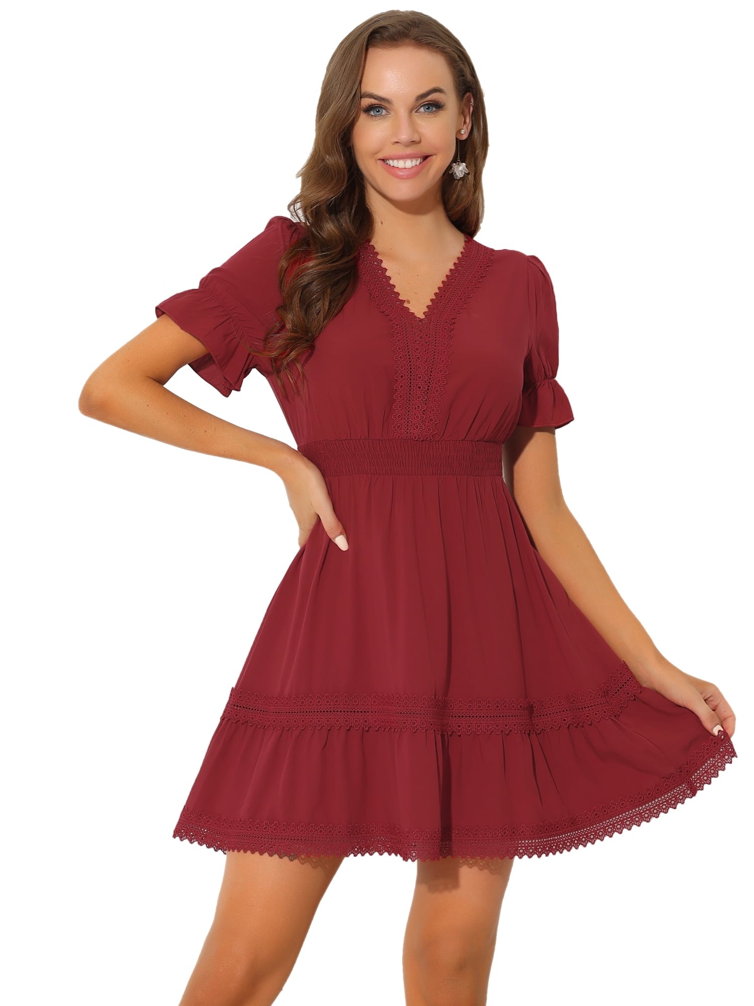 DARING DIVA V Neck Smocked Elastic Waist Short Sleeve Mini Dress M Orange