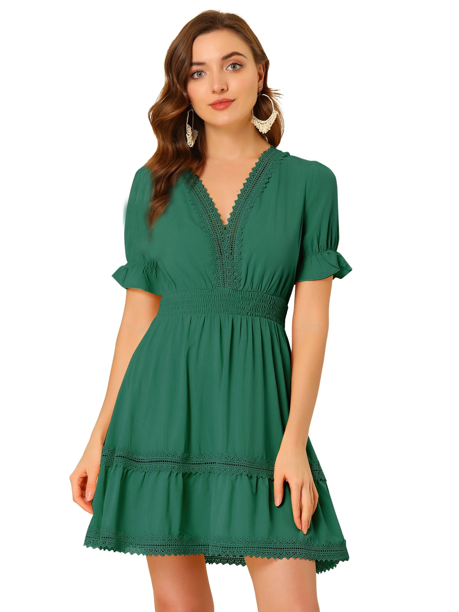 DARING DIVA V Neck Smocked Elastic Waist Short Sleeve Mini Dress M Orange