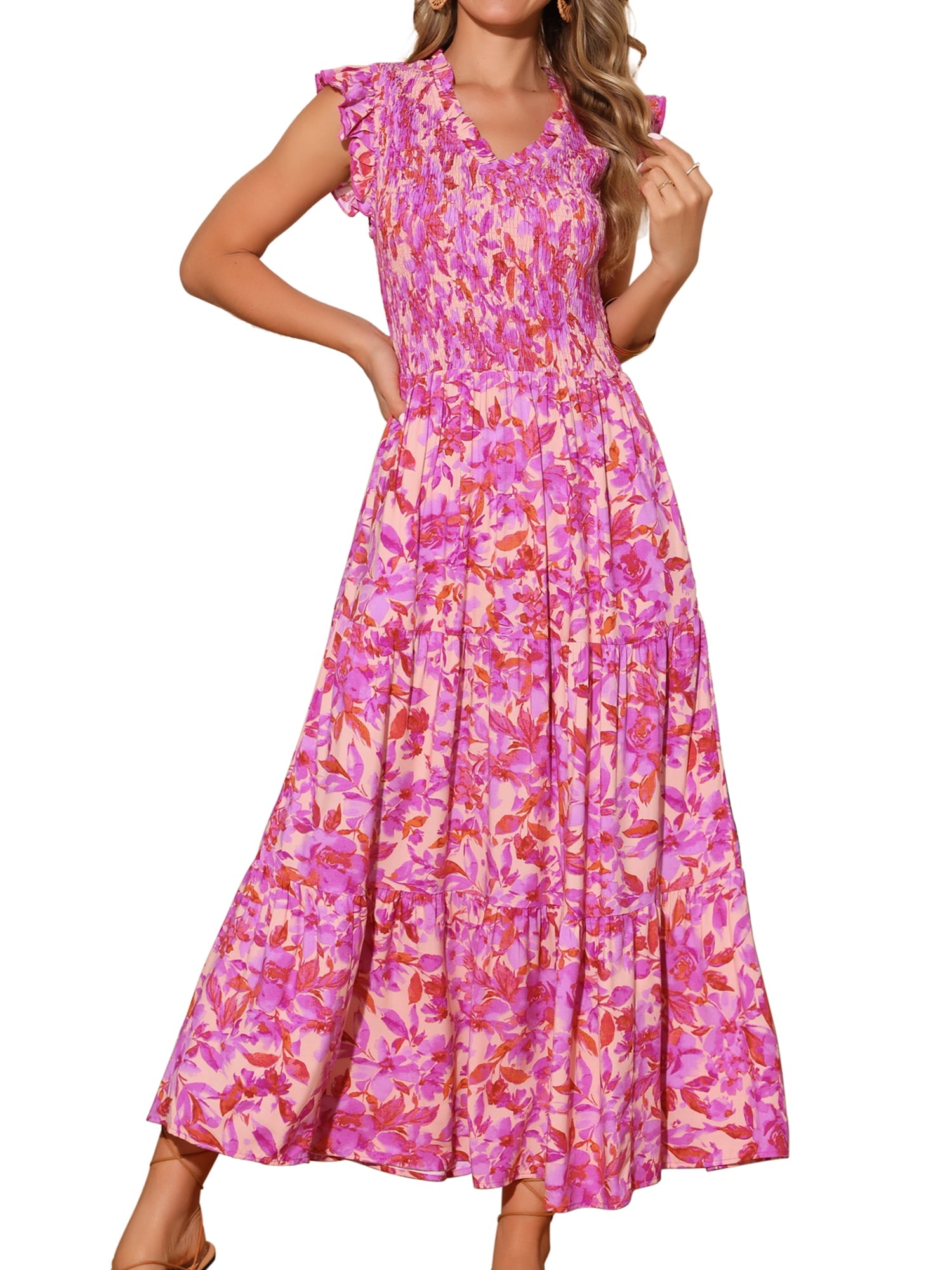DARING DIVA V Neck Smocked Ruffle Tiered Maxi Dress S Hot Pink