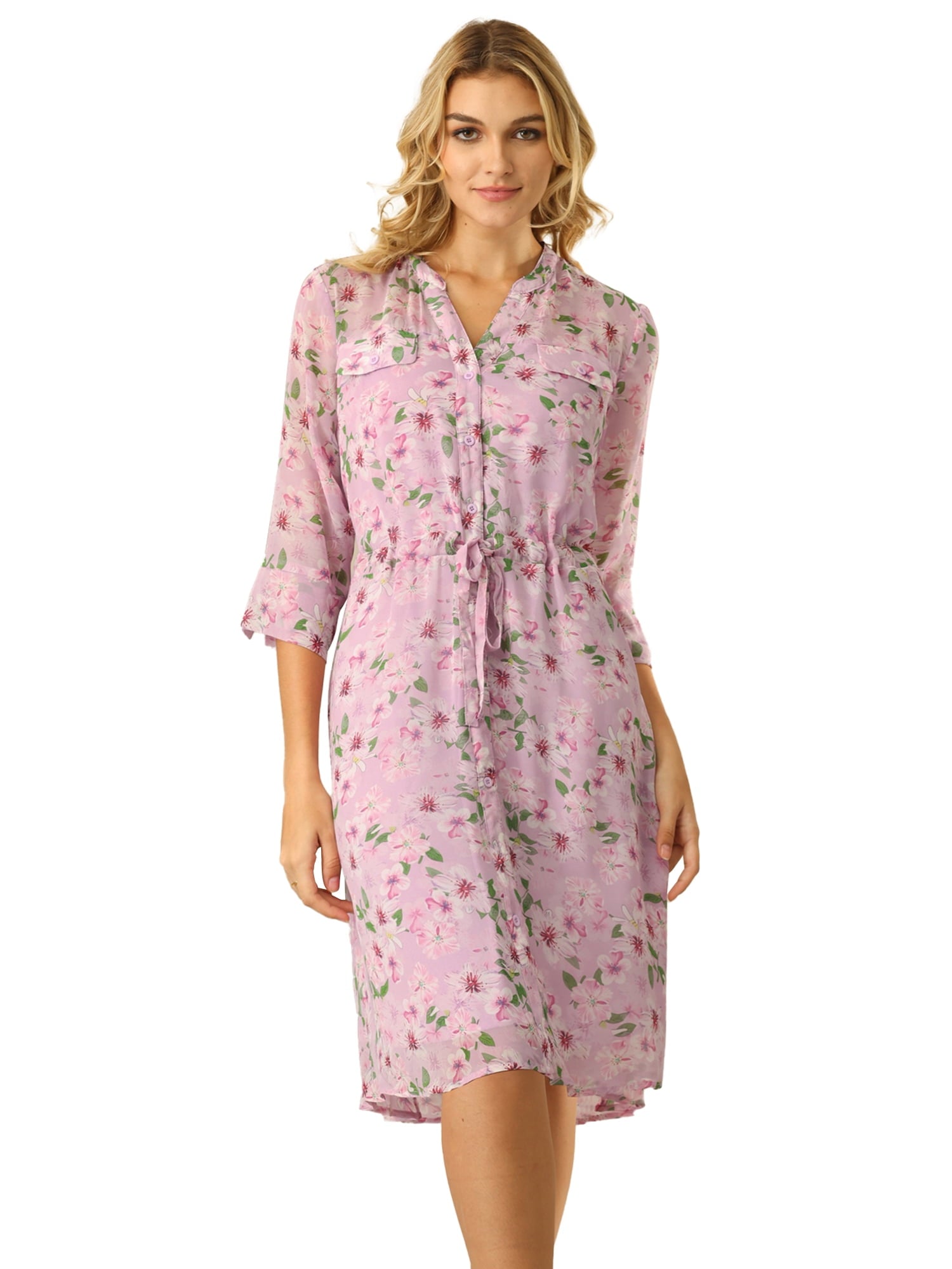 Unique Bargains Women's Floral Chiffon Half Sleeve Button Down Flare Dresses S White