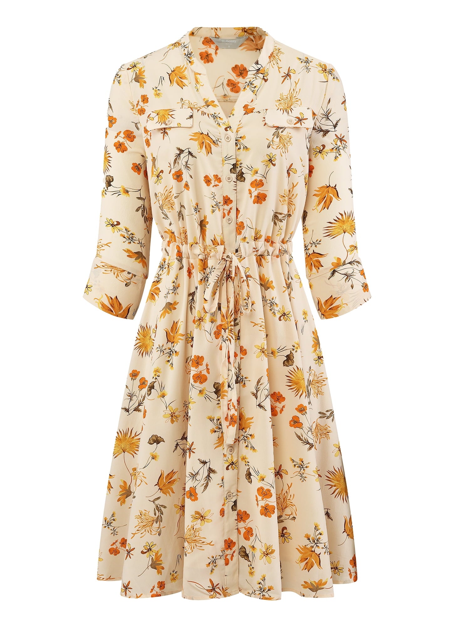 Unique Bargains Women's Floral Chiffon Half Sleeve Button Down Flare Dresses S White