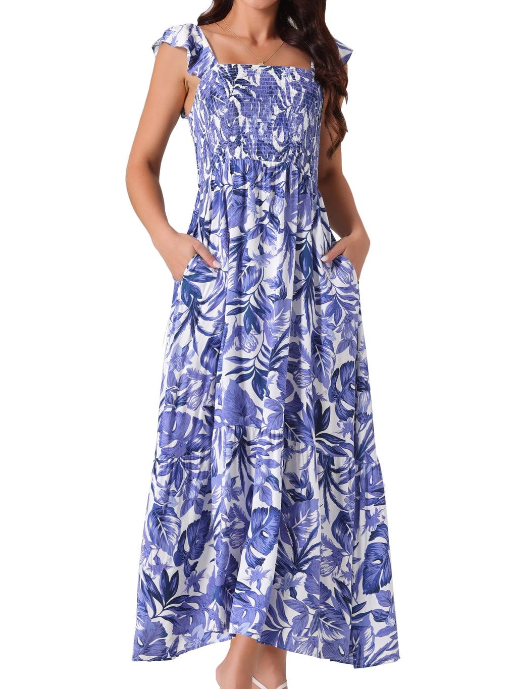 DARING DIVA Women's Floral Square Neck Ruffle Cap Sleeve Maxi Dresses M Green