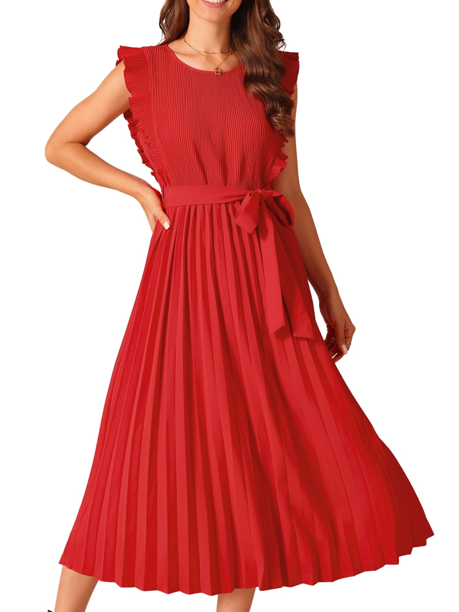 Unique Bargains Women's Ruffle Sleeveless Midi Dress with Tie Waist Belt XL Green