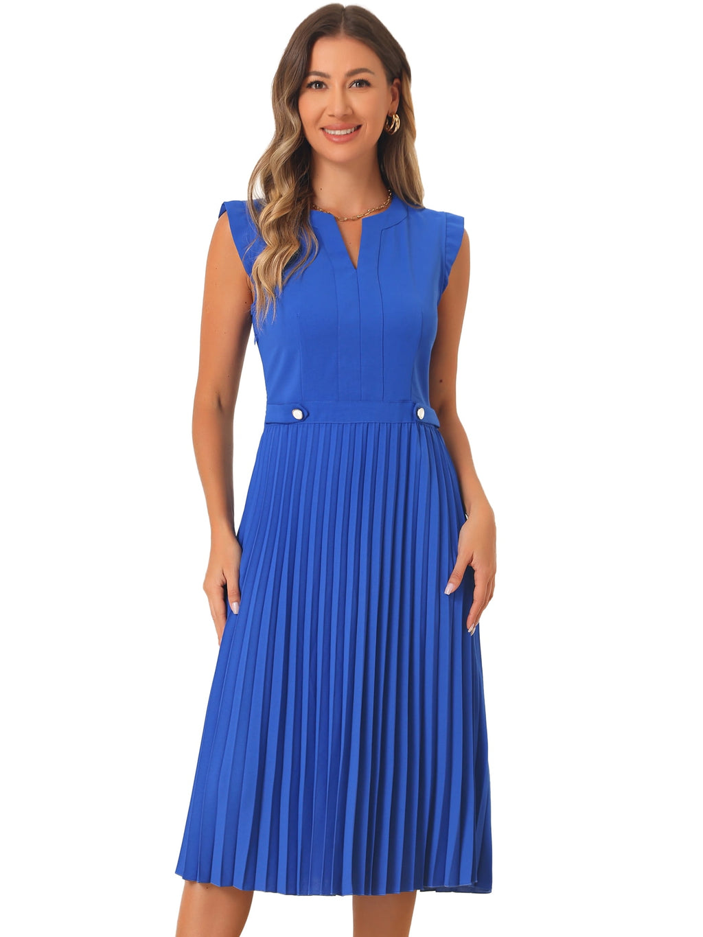 DARING DIVA Women's V Neck Sleeveless Button Pleated Midi Dresses S Royal Blue