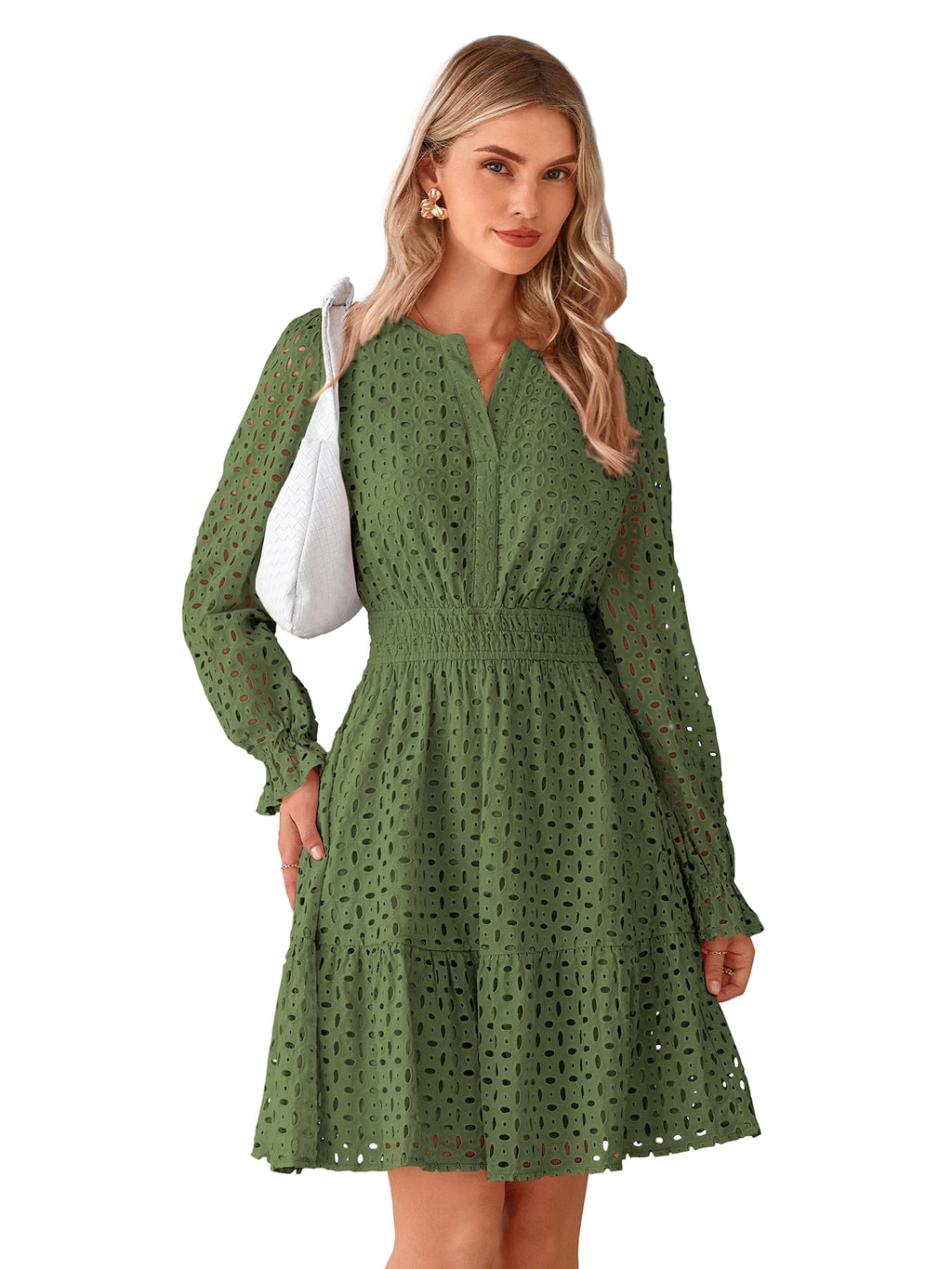 PRETTYGARDEN Women's Long Sleeve Eyelet Mini Dress, Sizes S-XXL