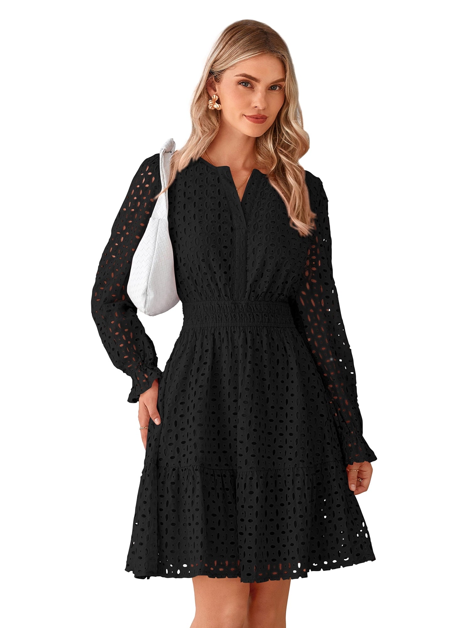 PRETTYGARDEN Women's Long Sleeve Eyelet Mini Dress, Sizes S-XXL